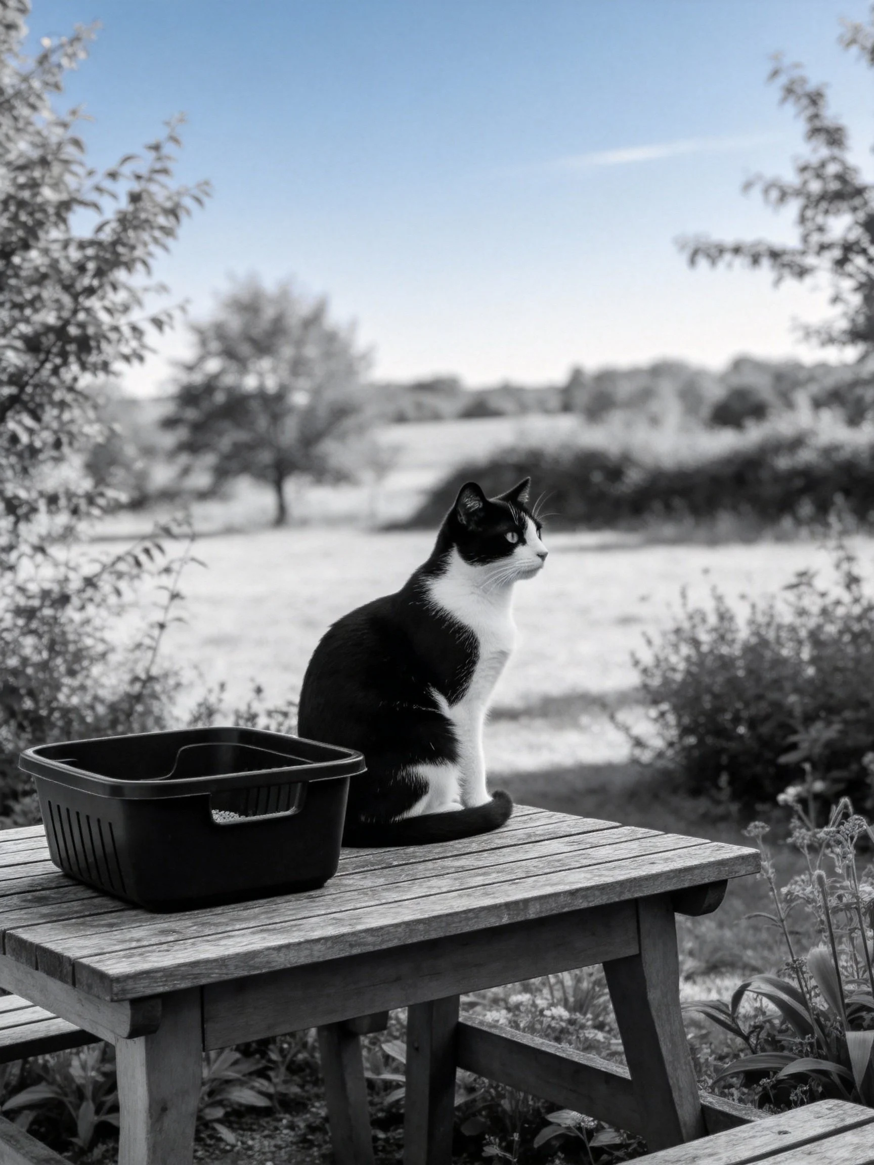 A black - and - white cat sits on a wooden picnic table near a plastic container