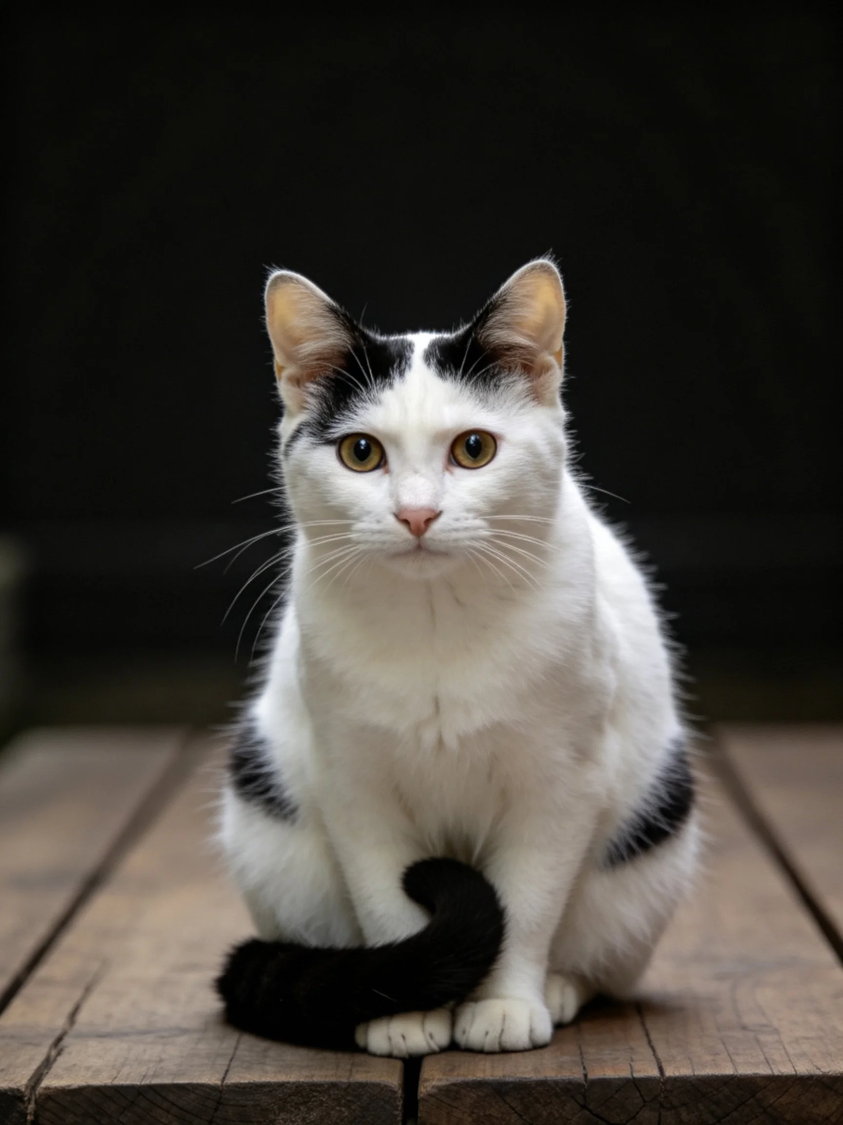 A black-and-white cat sits on a wooden plank surface