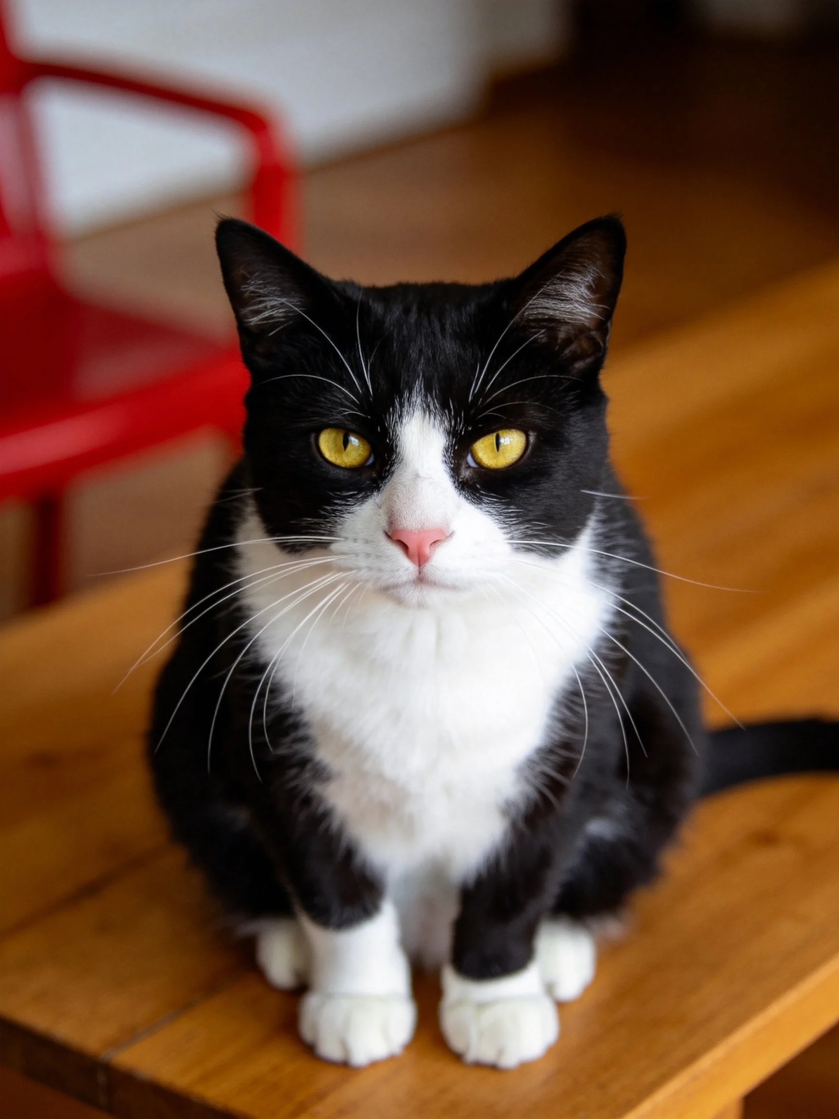 A black - and - white cat sits on a wooden table near a red chair