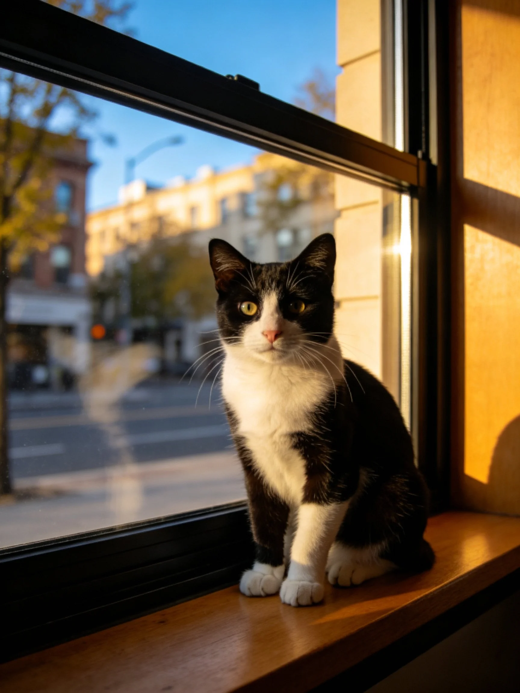 A black and white cat sits on a wooden windowsill near an urban street