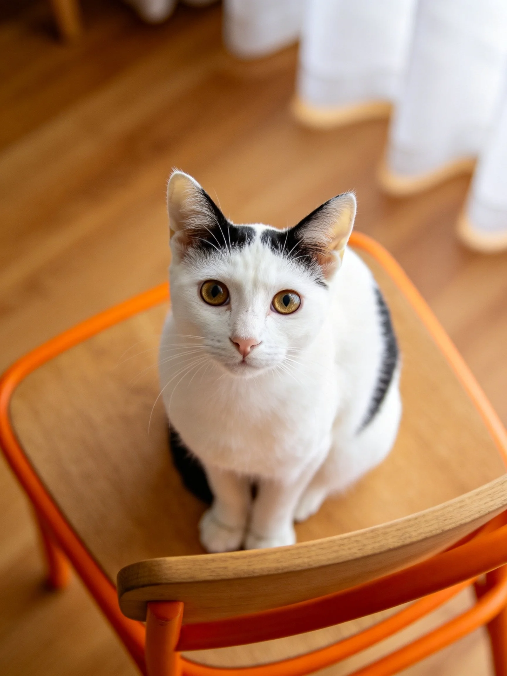 A black-and-white cat sits on an orange wooden chair indoors
