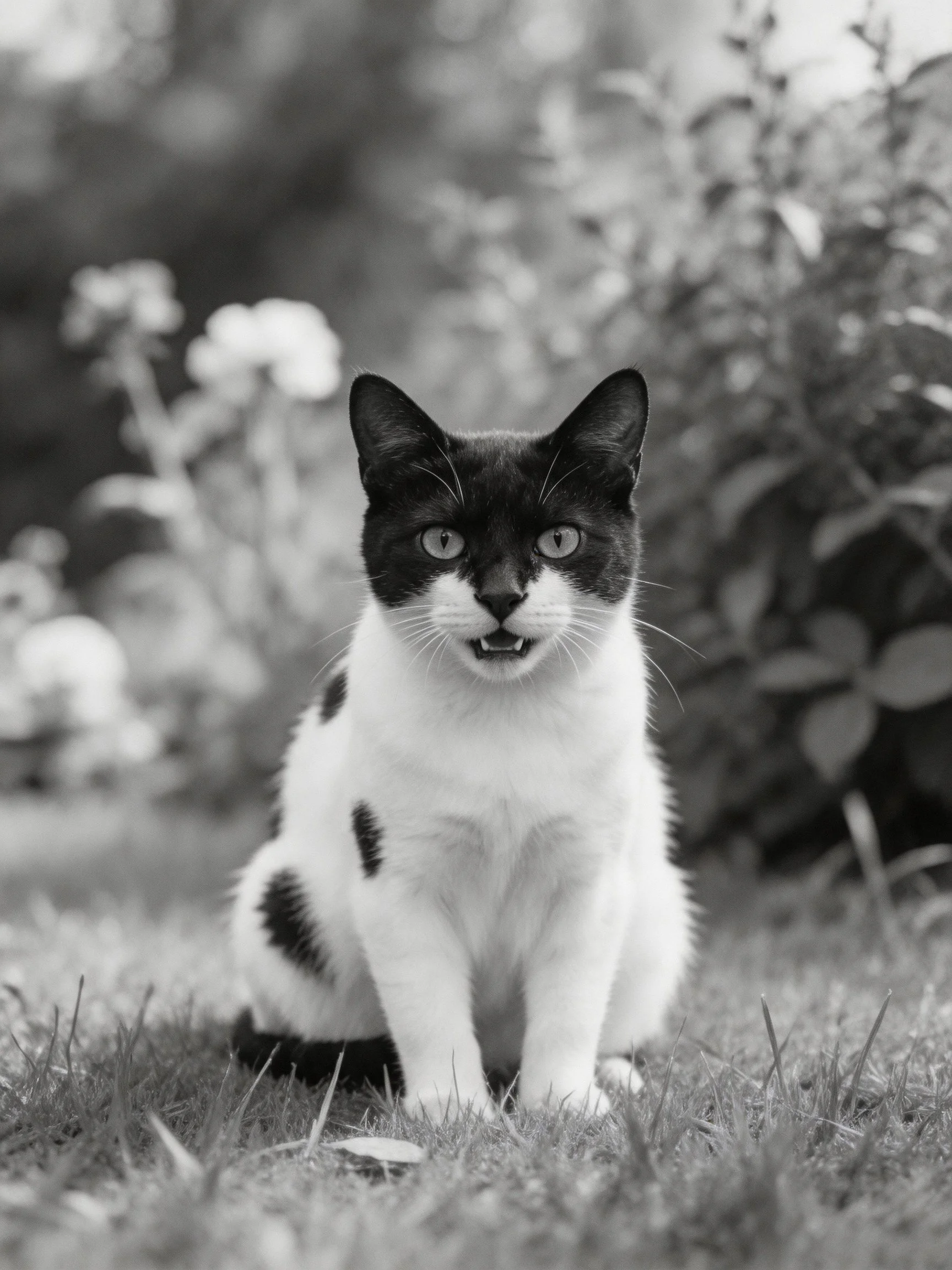 A black - and - white cat sits on grass near flowering plants
