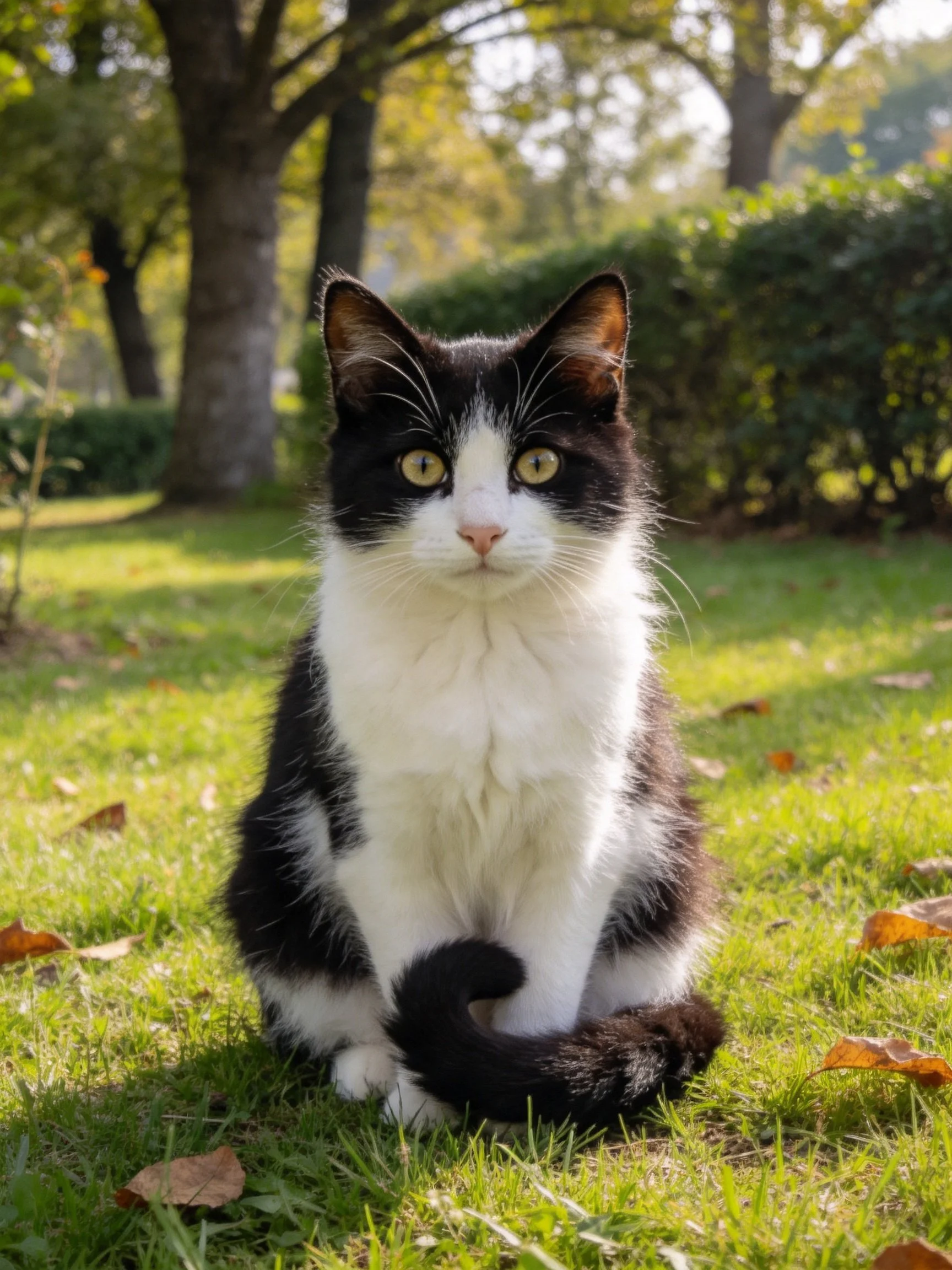 A black and white cat sits on grass near trees and bushes