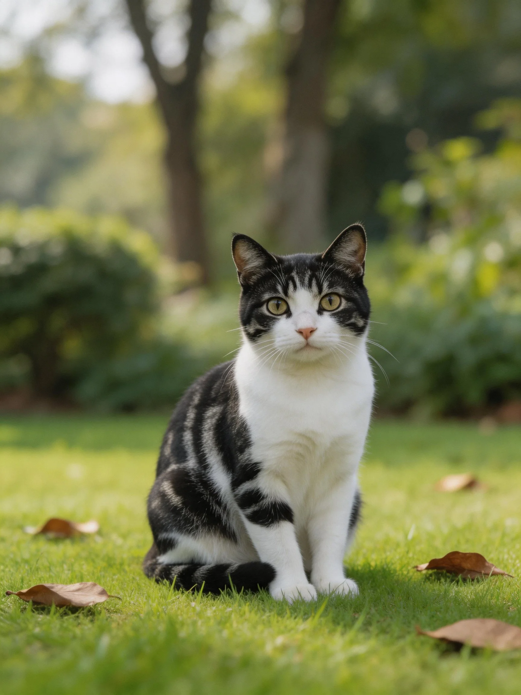 A black-and-white cat sits on green grass near trees and foliage