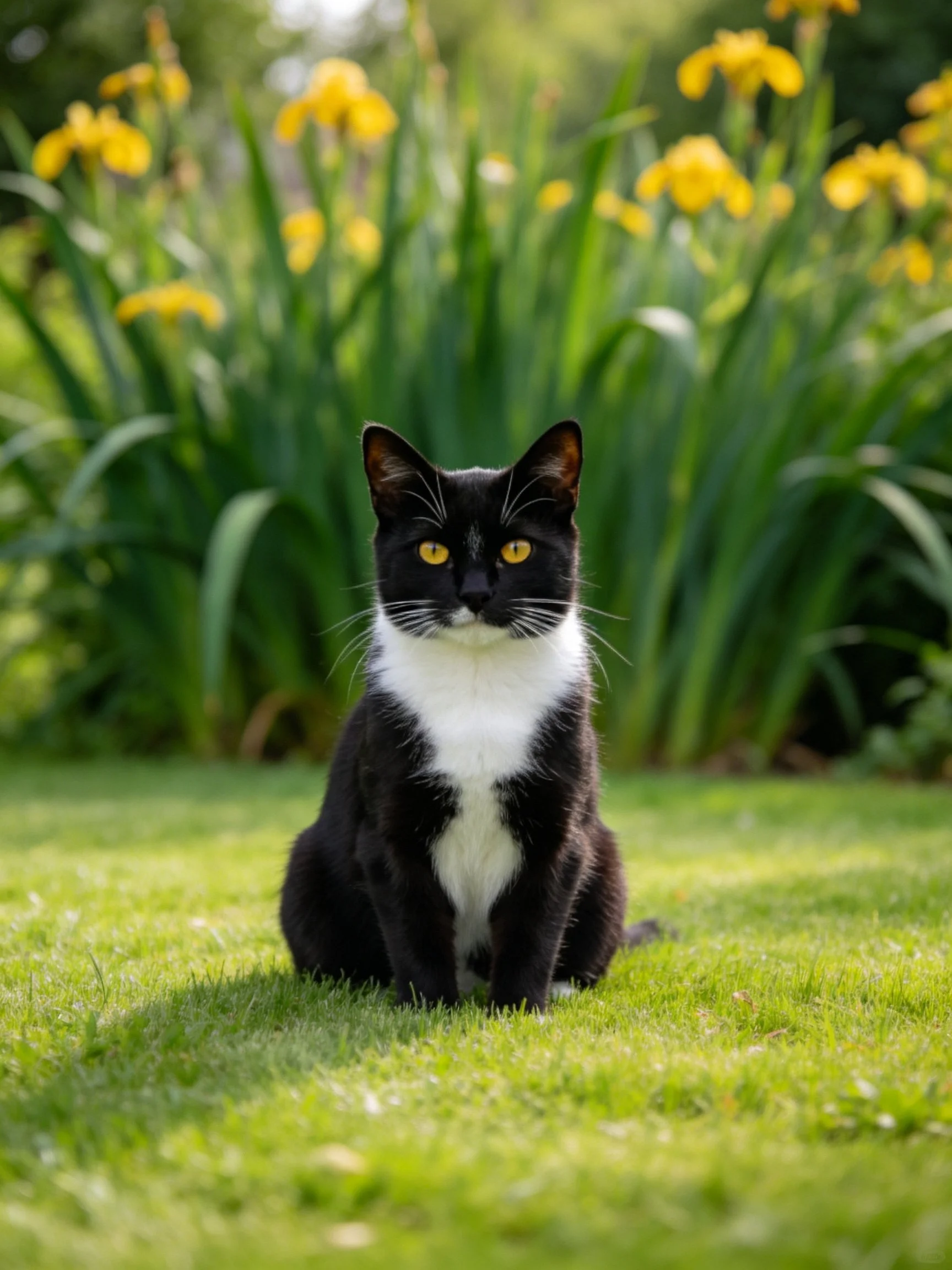 A black and white cat sits on green grass near yellow flowers