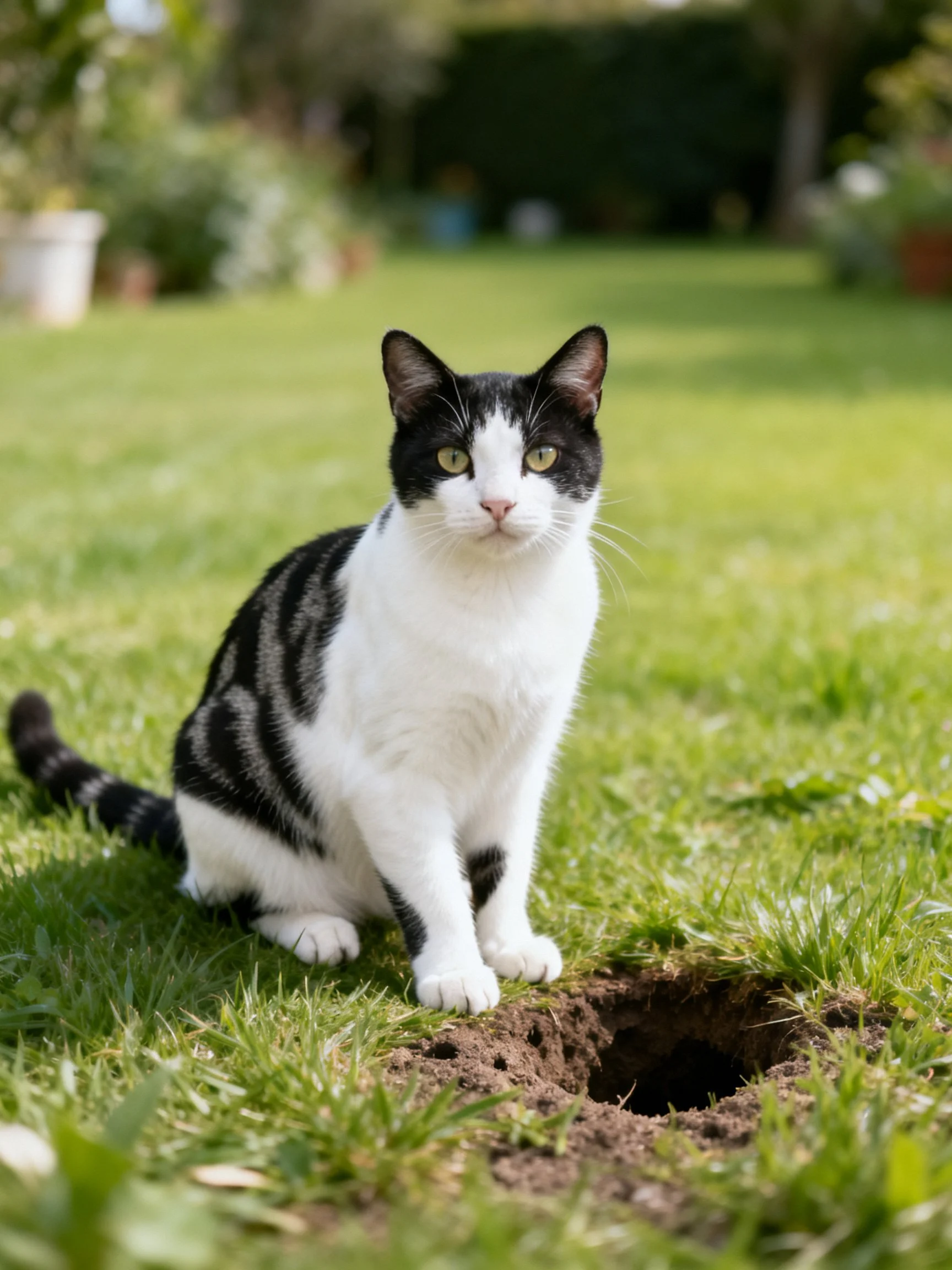 A black - and - white cat sits on lush green grass near a small earth hole