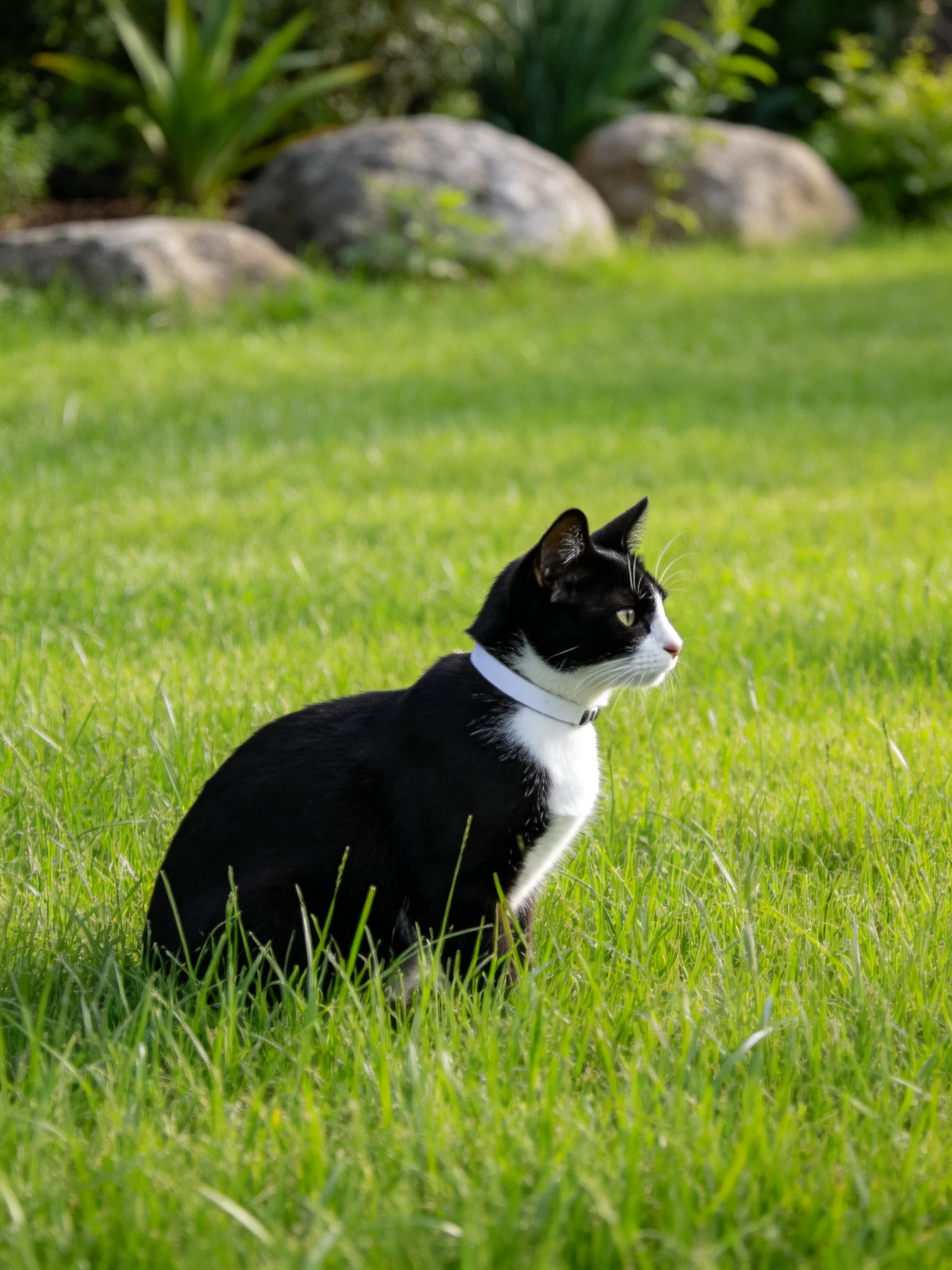 A black and white cat sits on lush green grass near large rocks