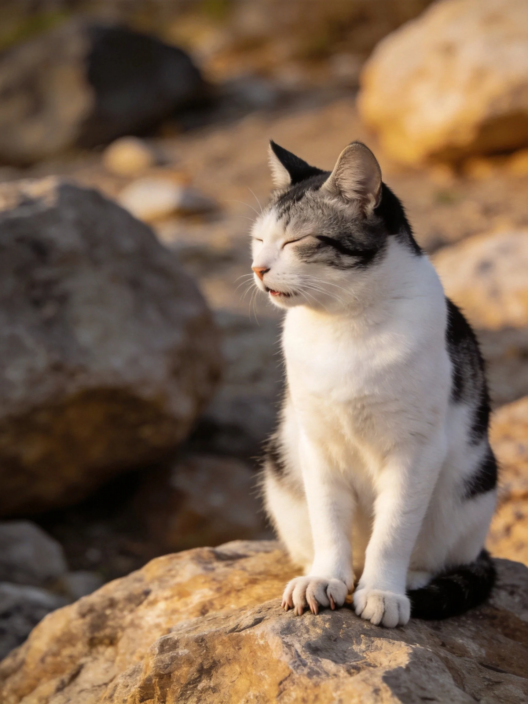 A black and white cat sits on sun-warmed rocks amid large stones