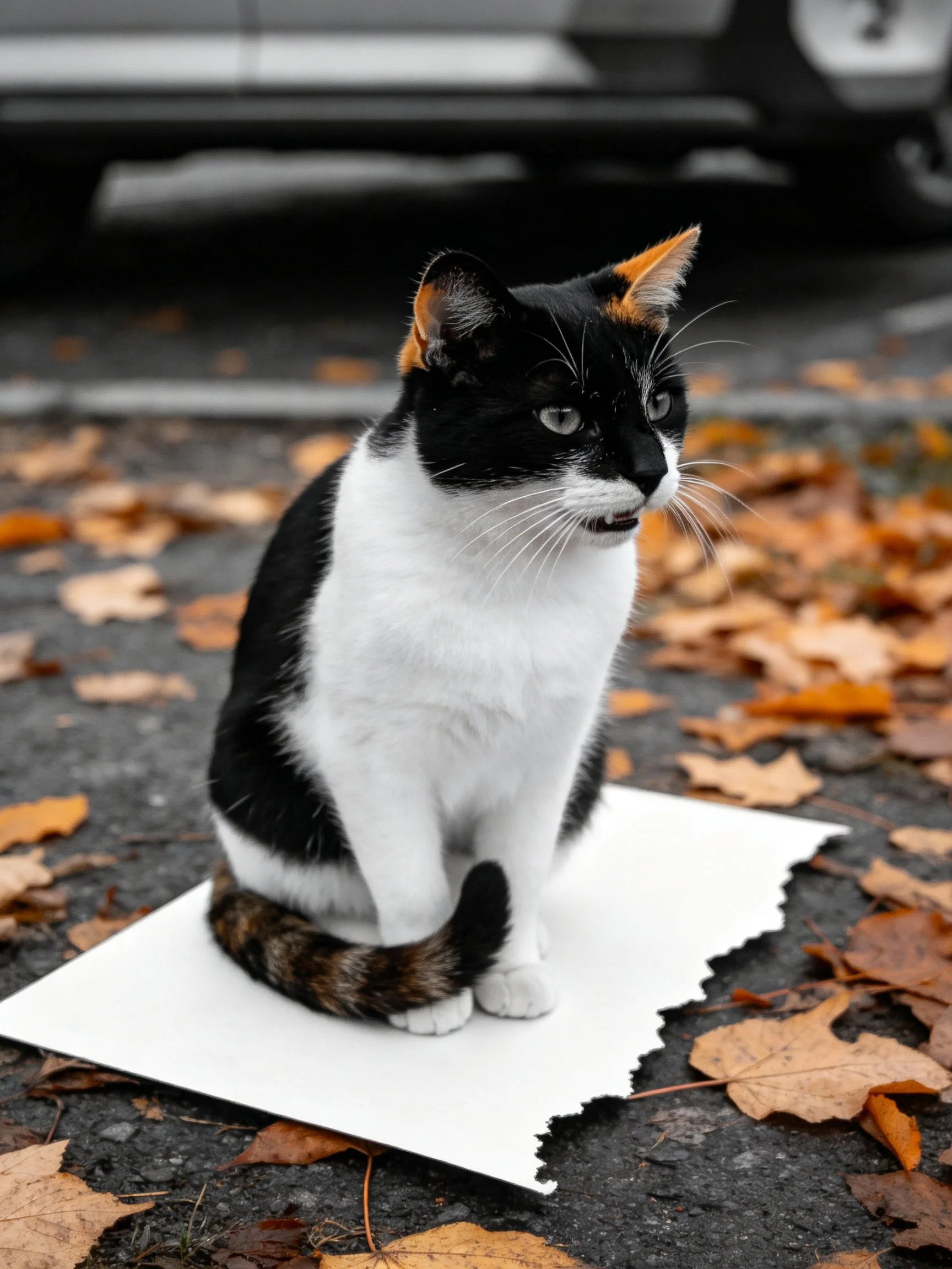 A black-and-white cat sits on torn paper amid fallen autumn leaves
