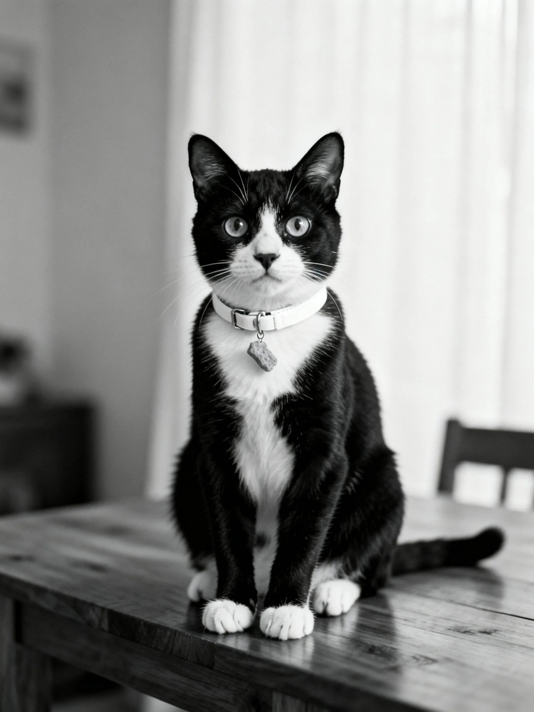 A black and white cat sits upright on a wooden table
