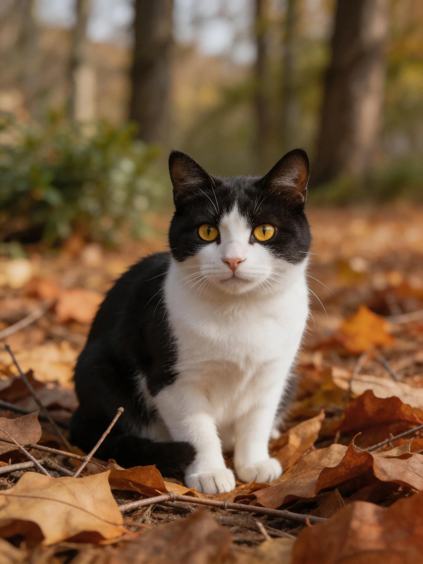 A black - and - white cat sitting among fallen autumn leaves