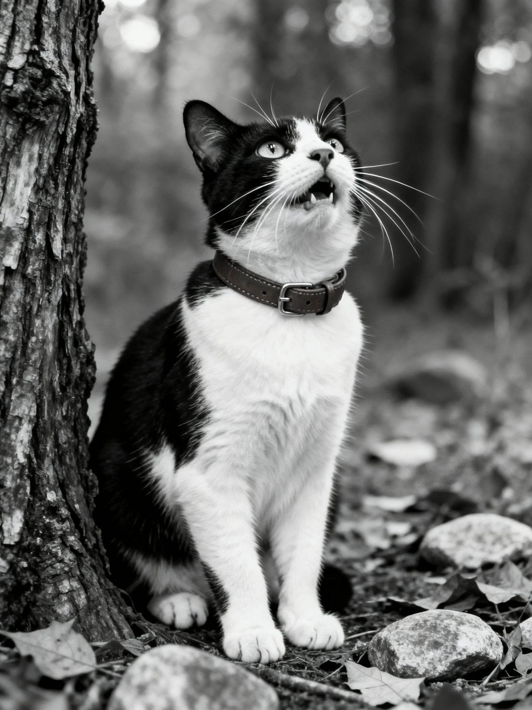 A black-and-white cat sitting by a tree trunk in a wooded area