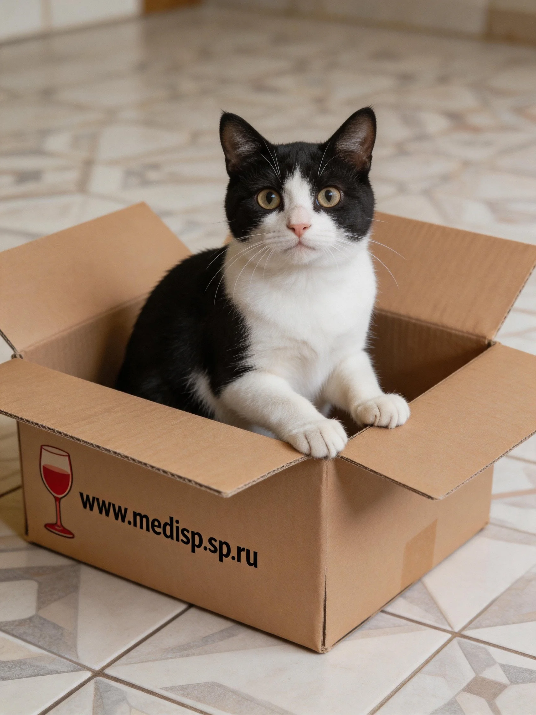 A black and white cat sitting inside an open cardboard box