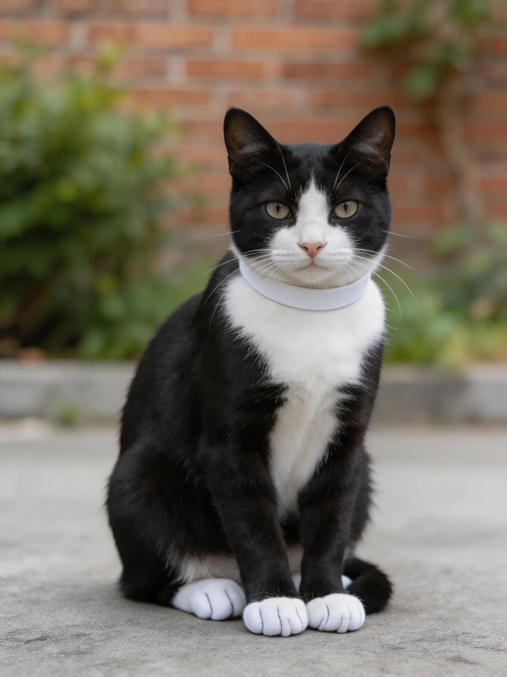 A black and white cat sitting near a brick wall