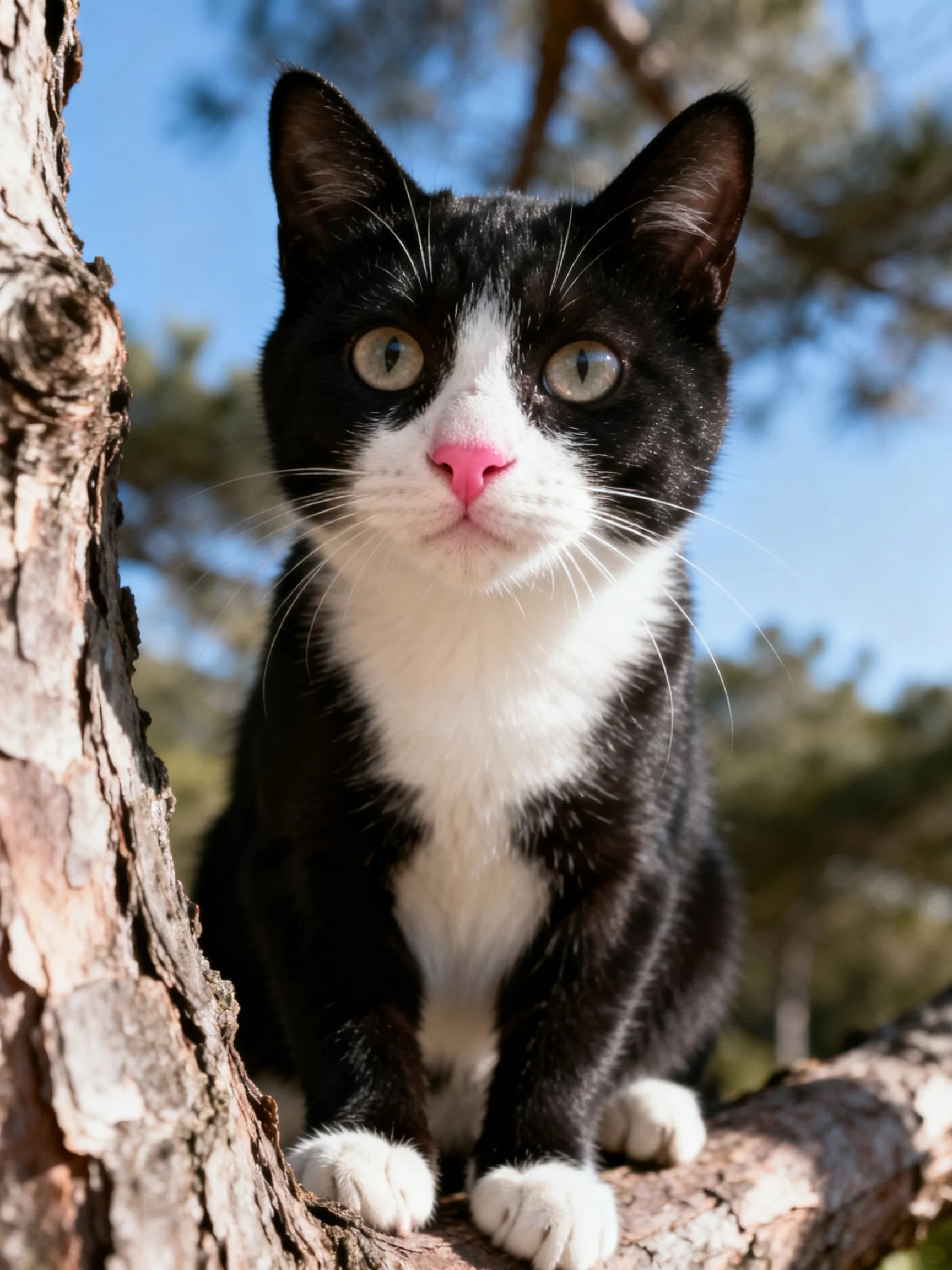 A black and white cat sitting on a tree branch outdoors