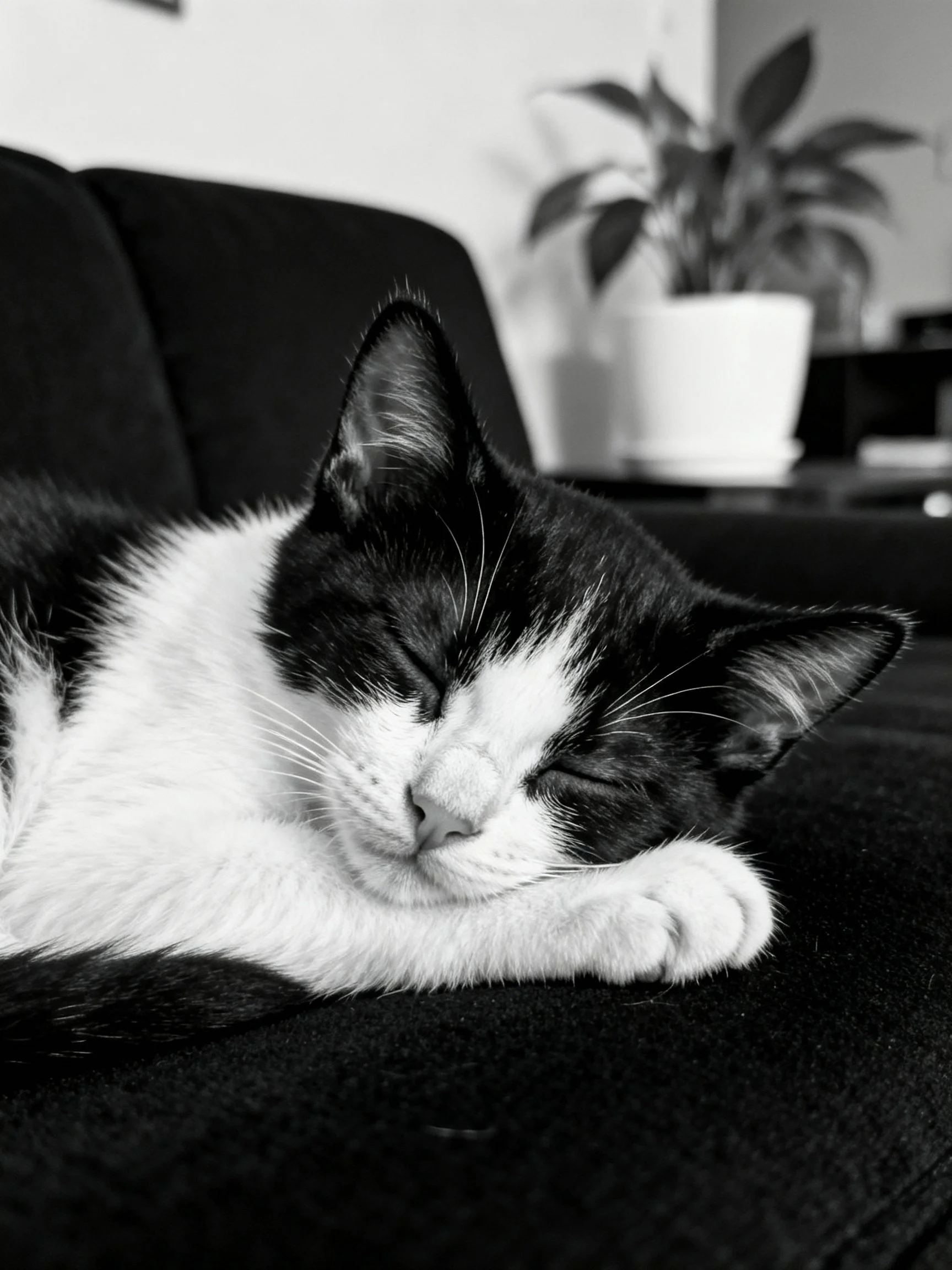 A black and white cat sleeping on a dark sofa near a potted plant