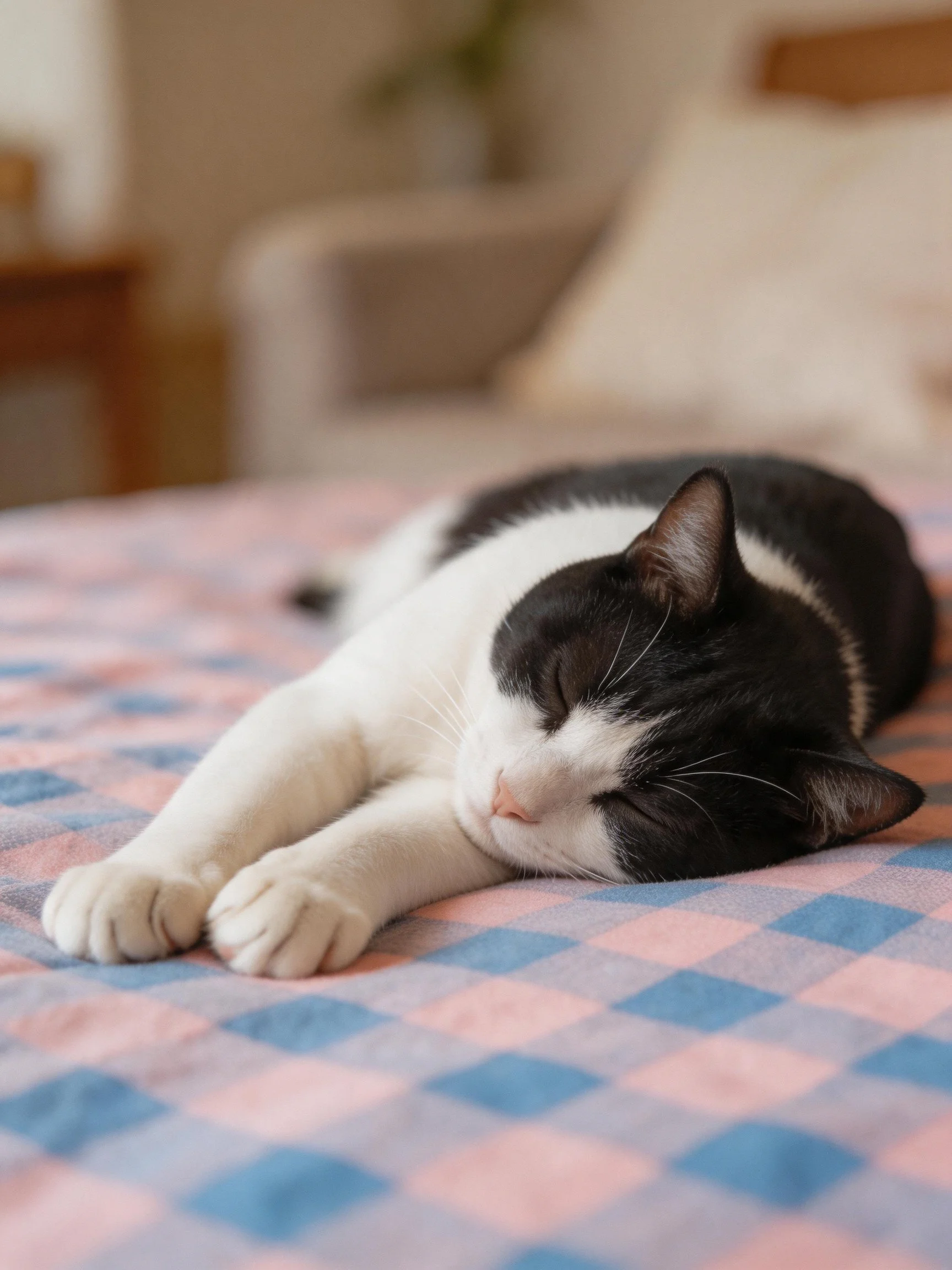 A black - and - white cat sleeps on a pink and blue checkered bedspread