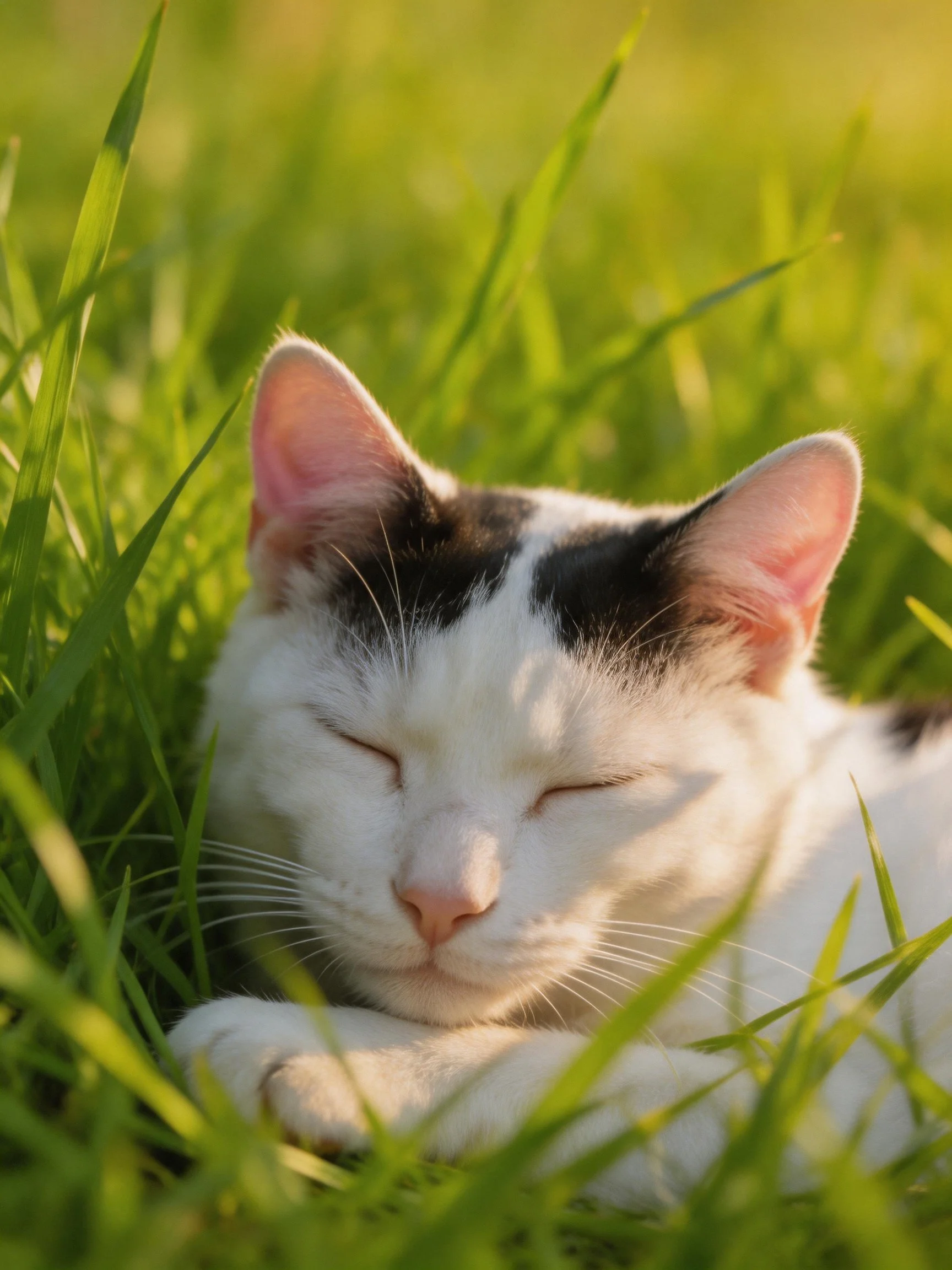 A black-and-white cat sleeps peacefully in lush green grass