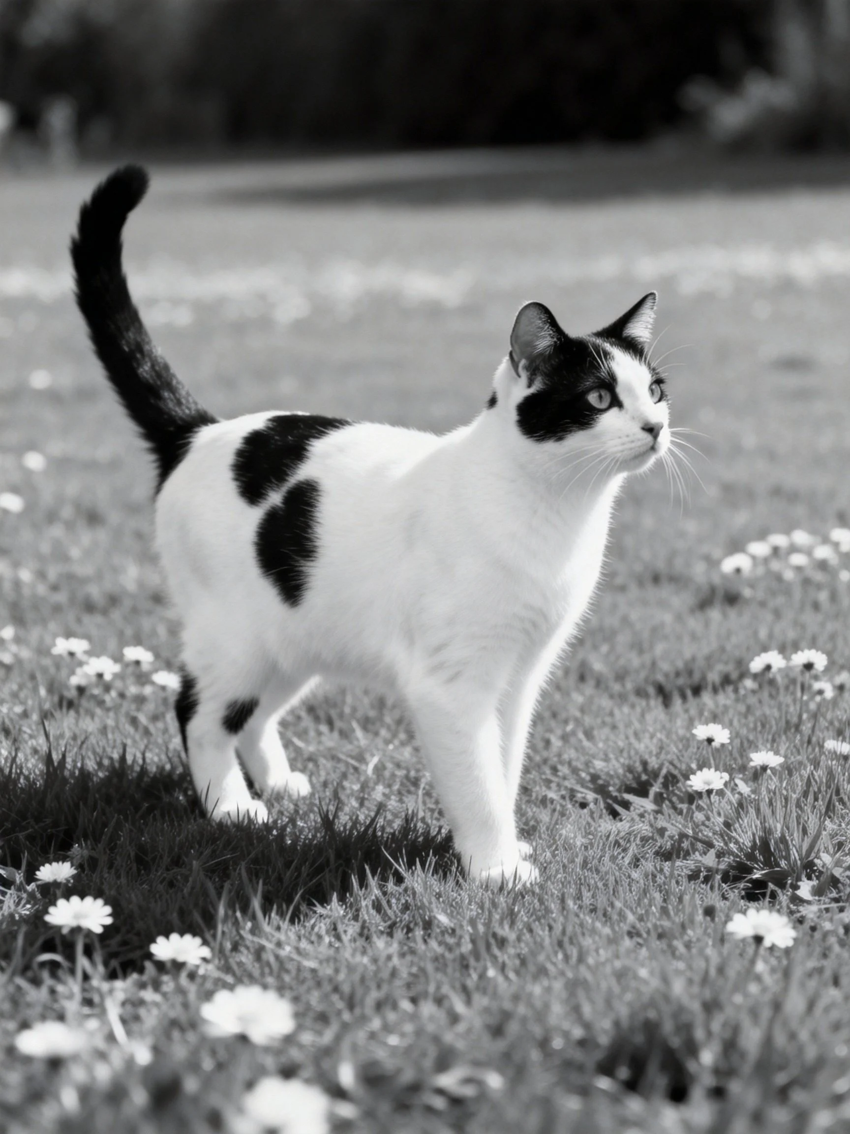 A black - and - white cat stands alert among flower - dotted grass