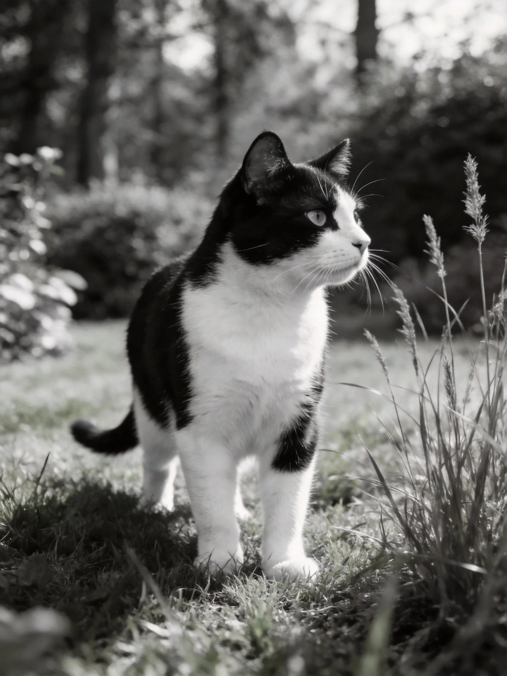 A black - and - white cat stands alert in a sunlit garden