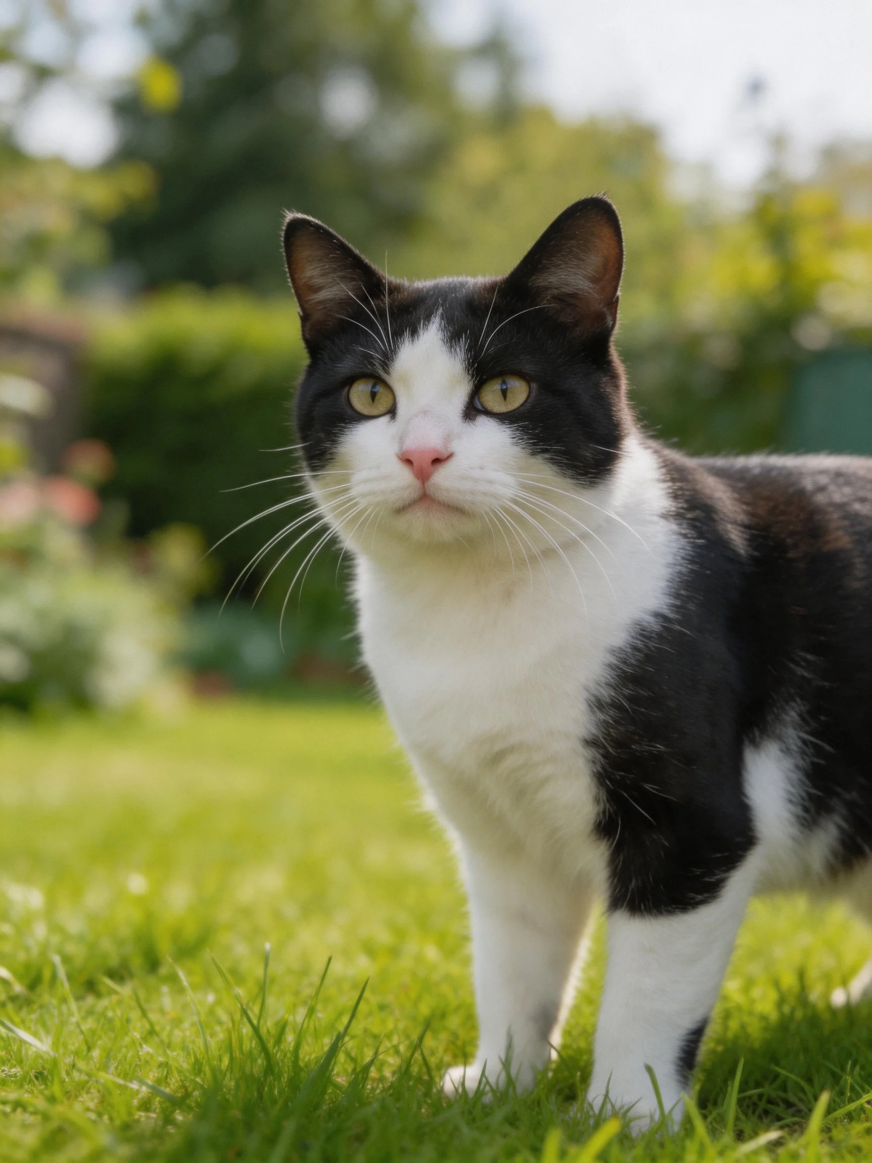 A black and white cat stands alertly on lush green grass