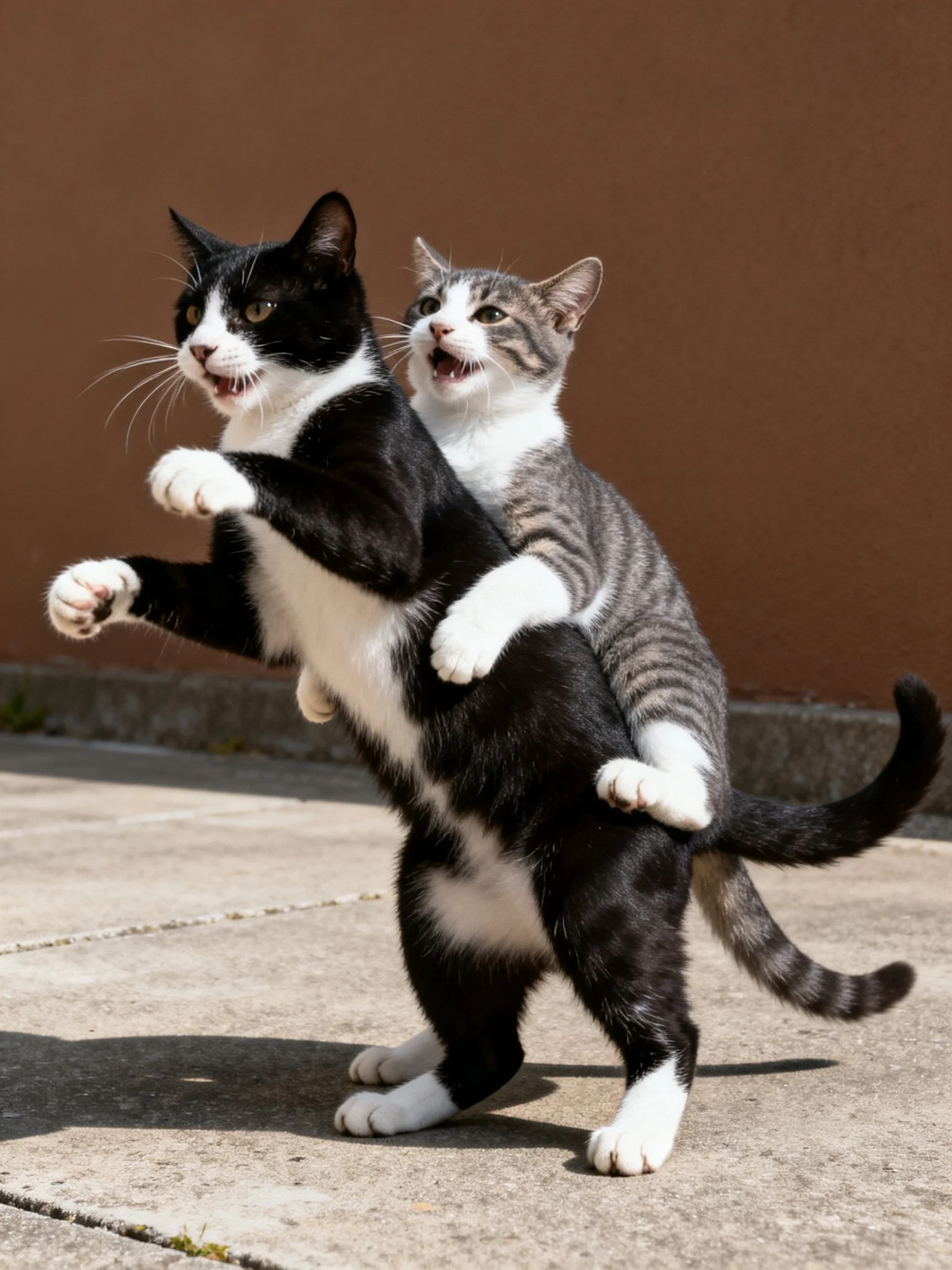 A black and white cat stands while a gray tabby rides on its back.