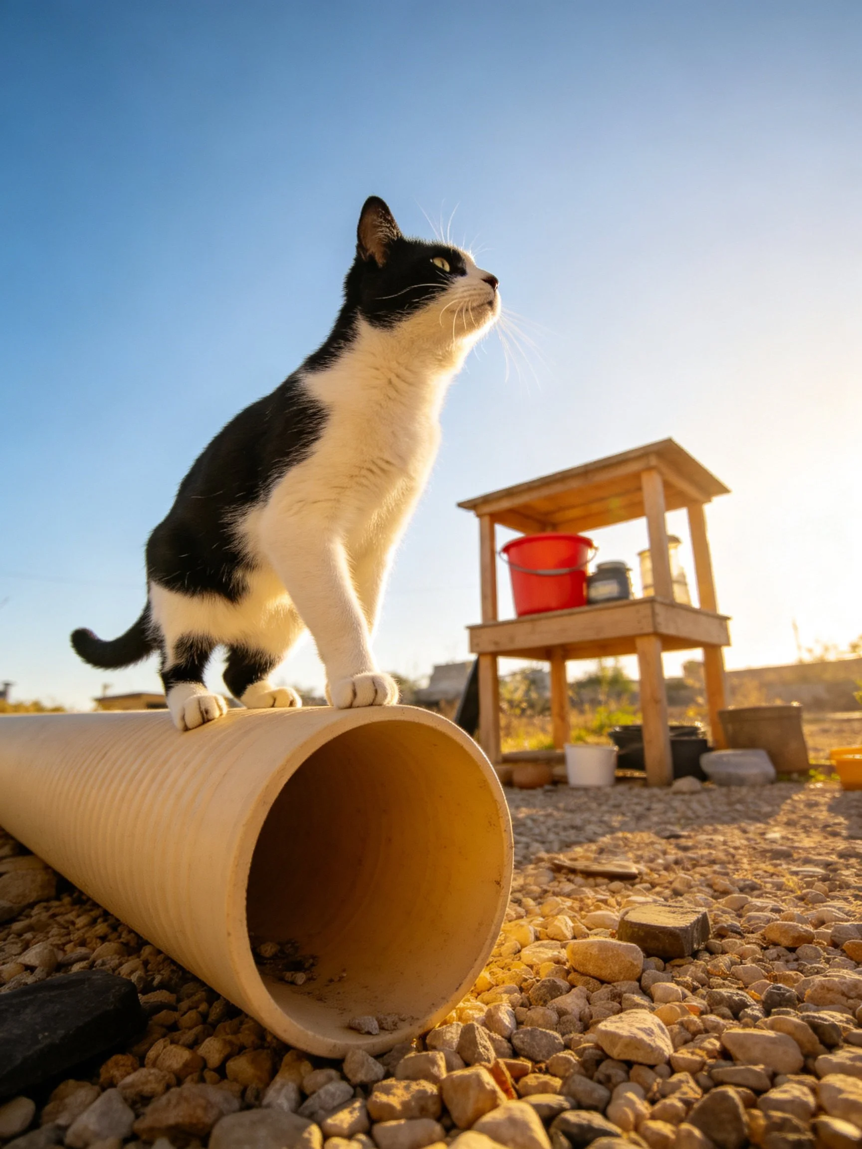 A black - and - white cat stands atop a large beige tube near a wooden structure