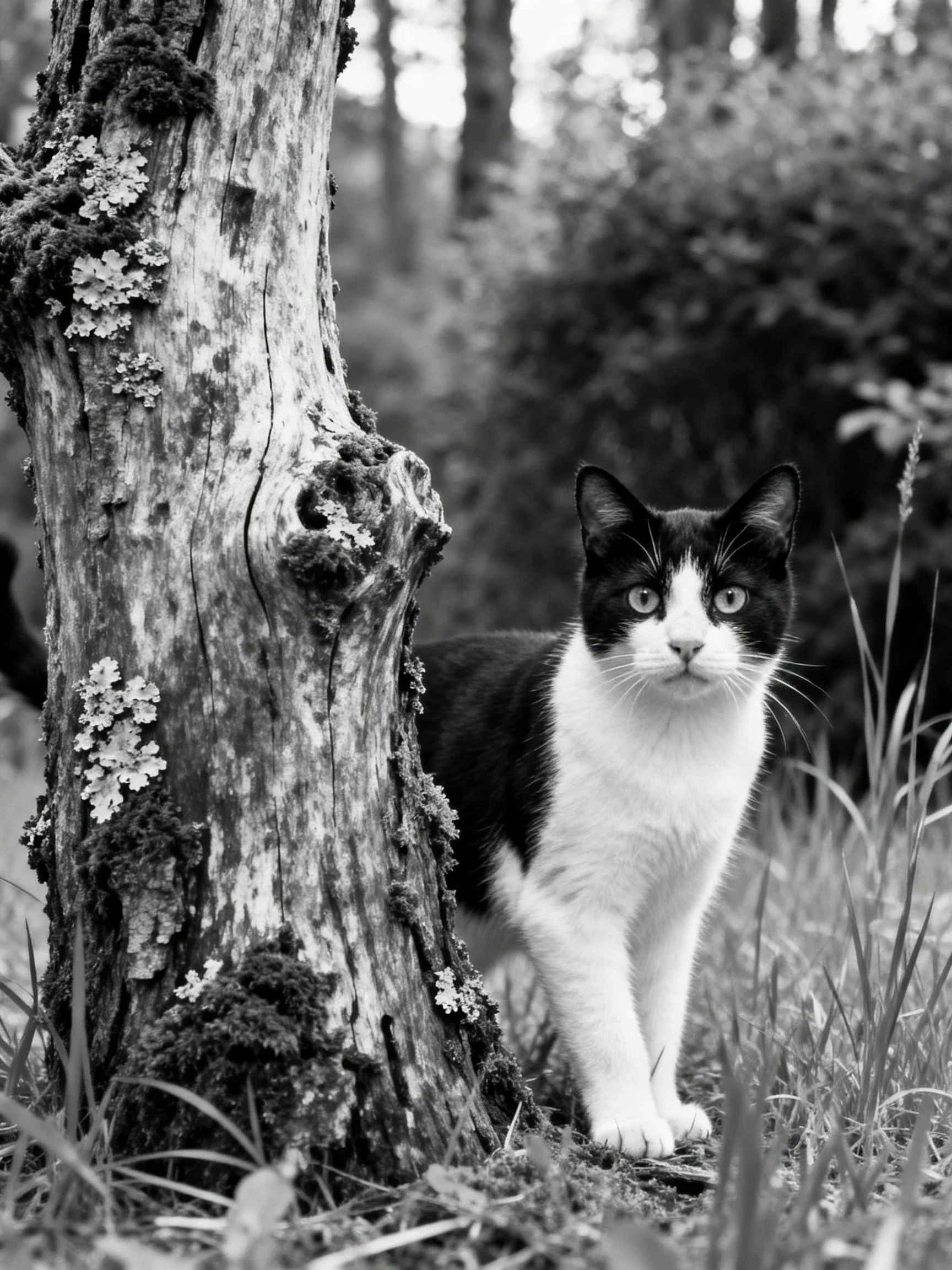 A black - and - white cat stands beside an aged lichen - covered tree trunk