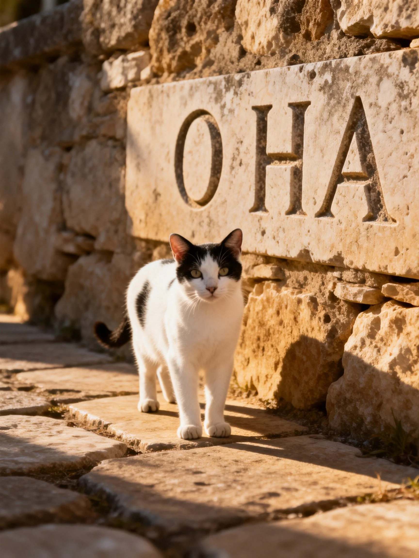 A black - and - white cat is near an aged stone wall with inscribed text.