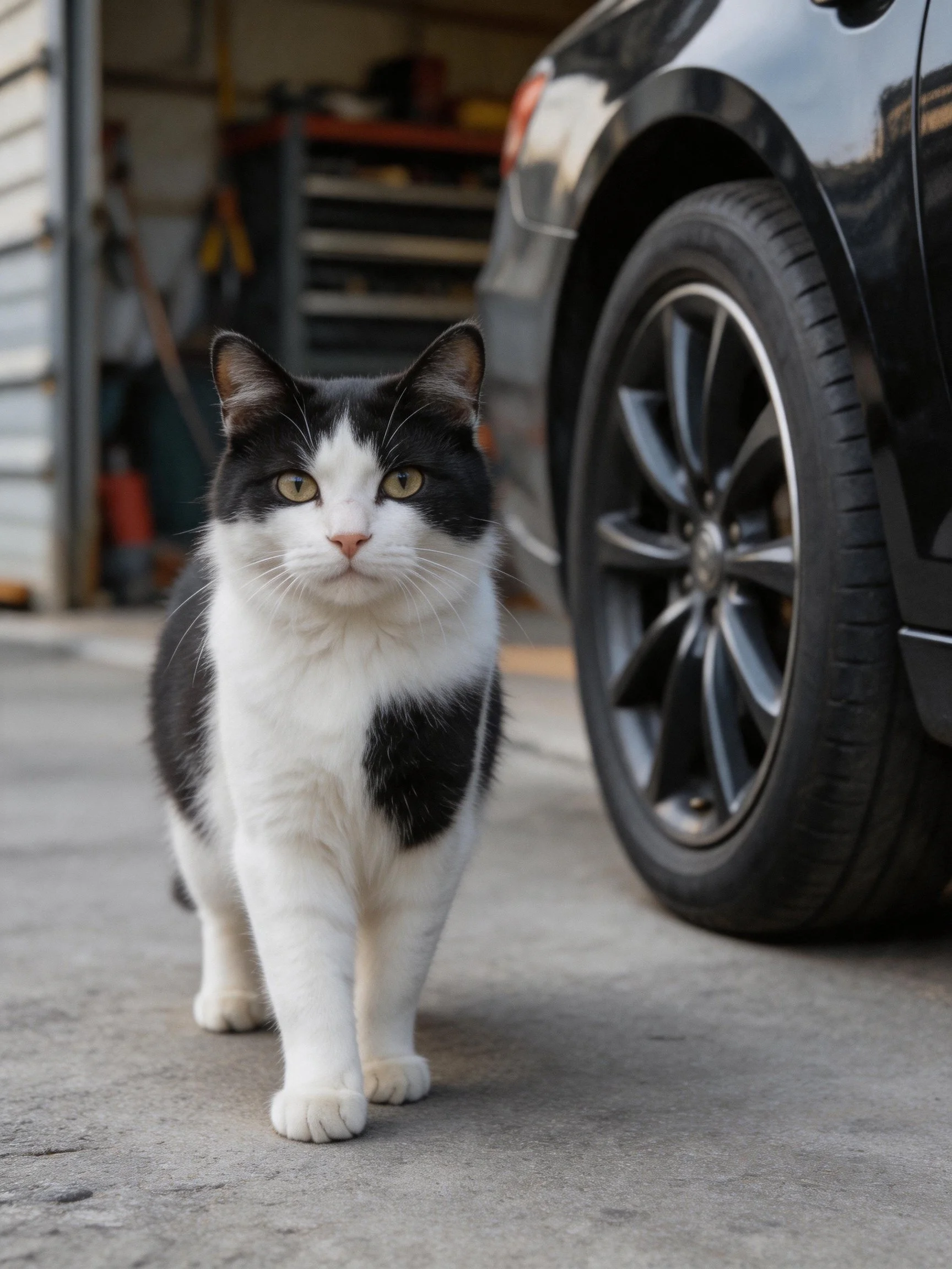 A black - and - white cat stands near a large black car tire