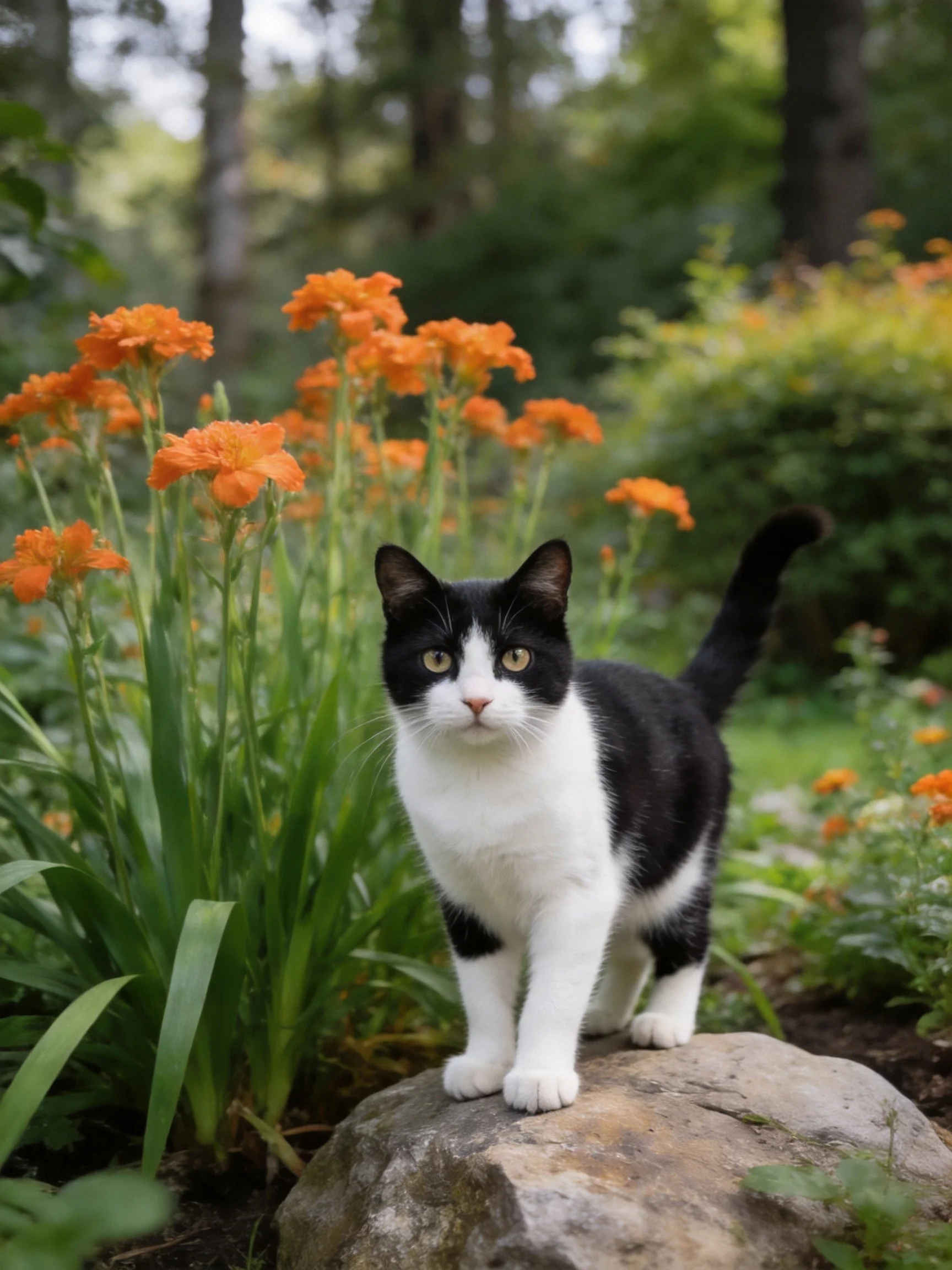 A black - and - white cat stands on a rock amid vibrant orange flowers