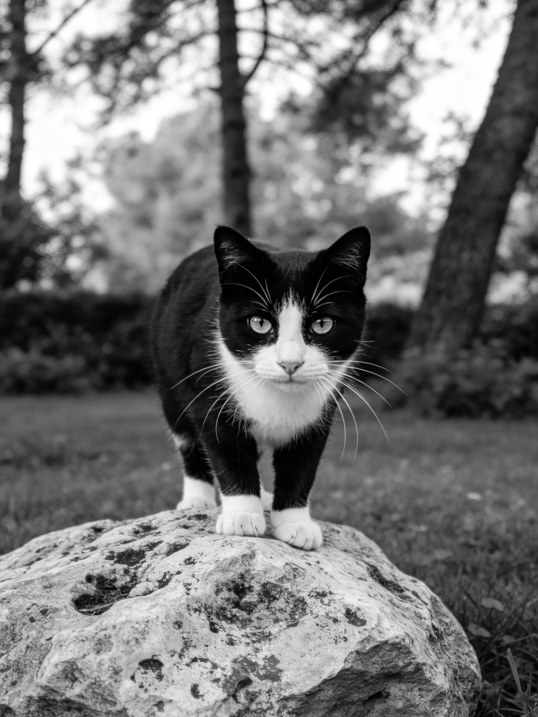 A black - and - white cat stands on a rock in a wooded area