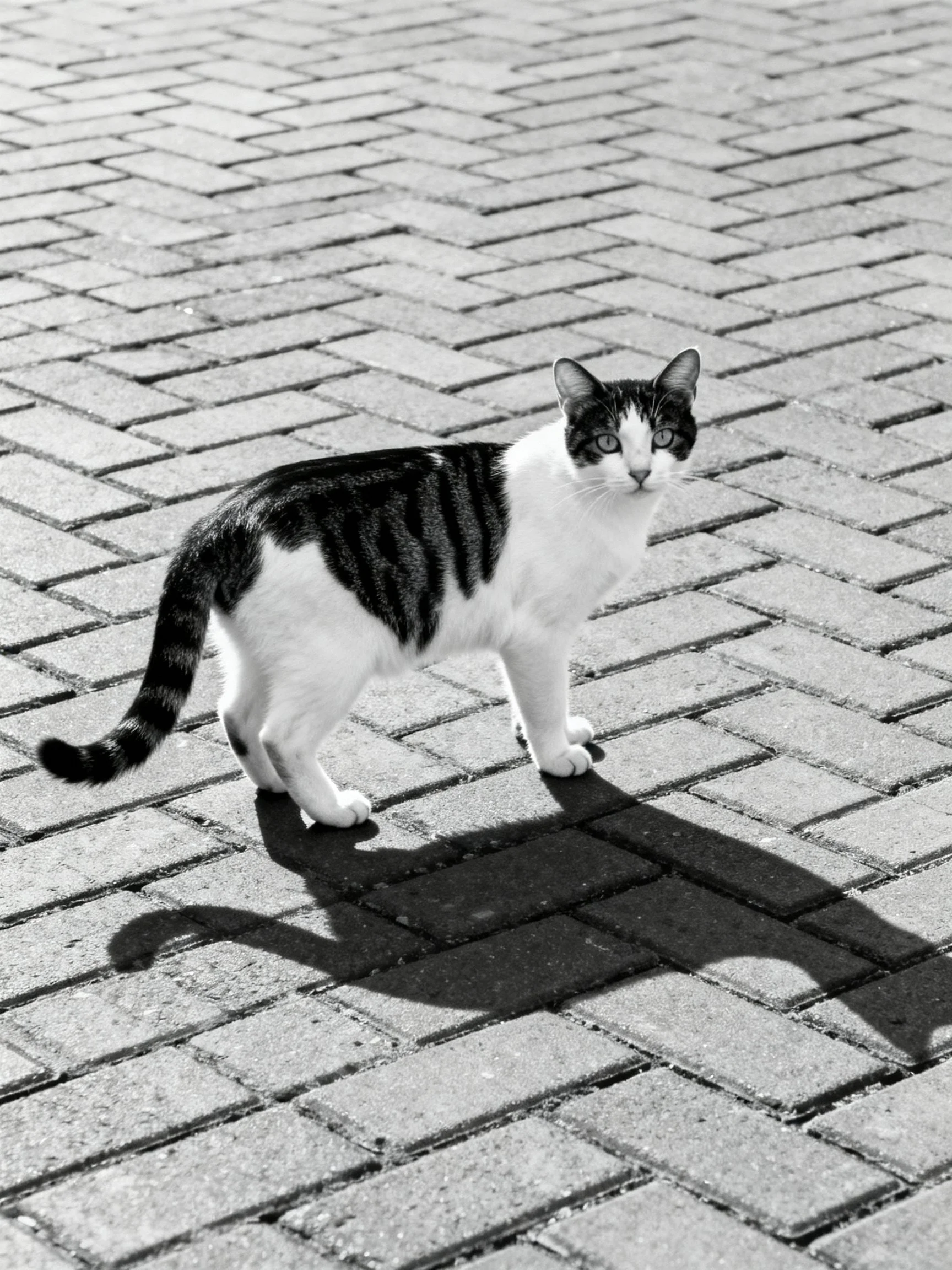 A black and white cat stands on a textured brick pavement