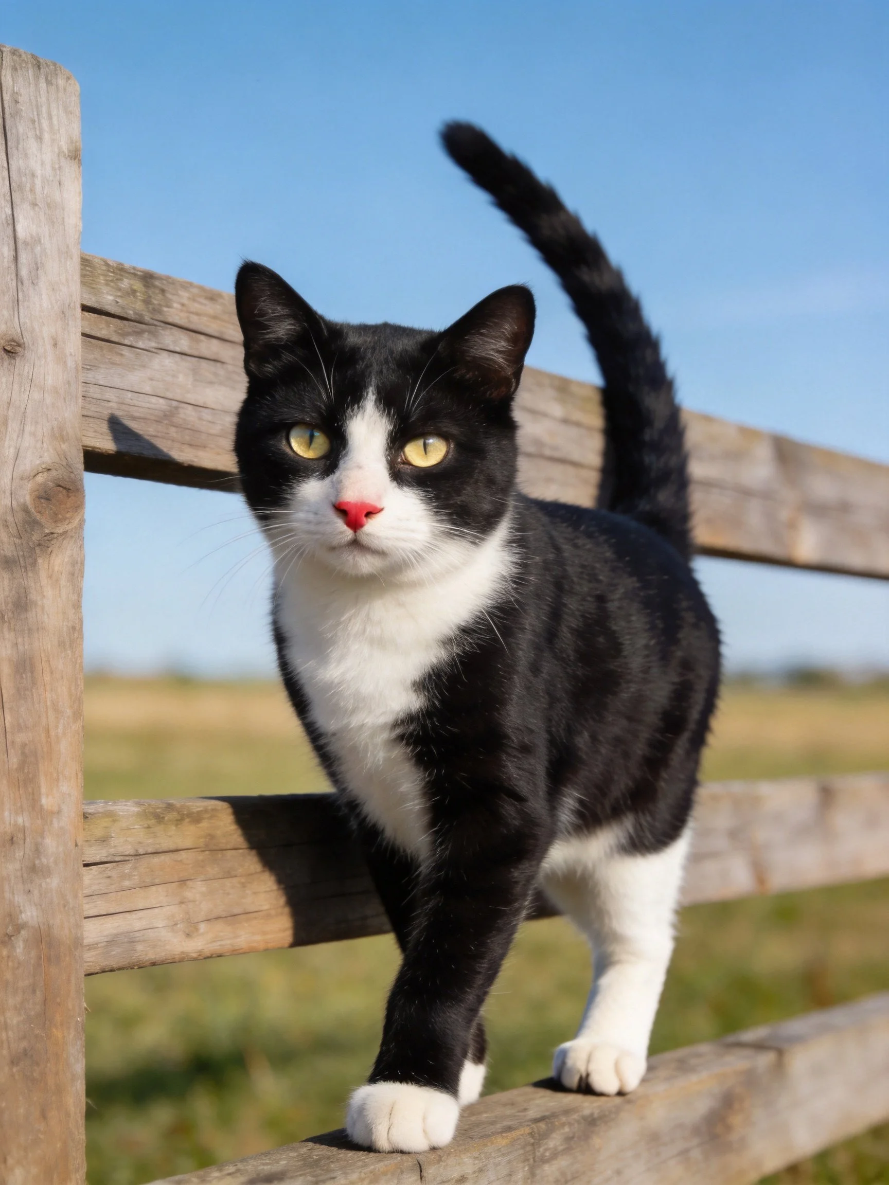 A black and white cat stands on a weathered wooden fence under clear blue sky