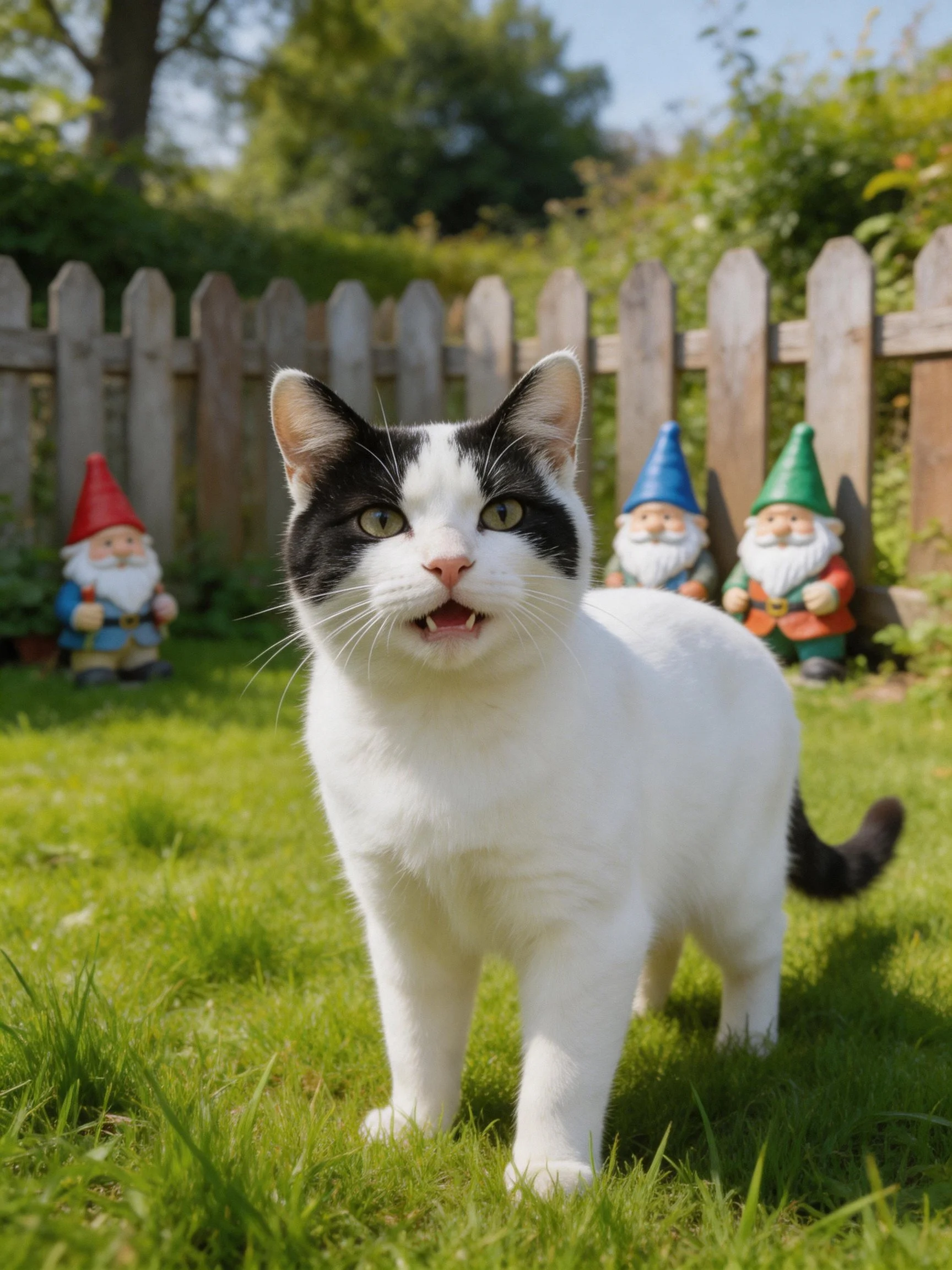 A black - and - white cat stands on green grass near colorful garden gnomes