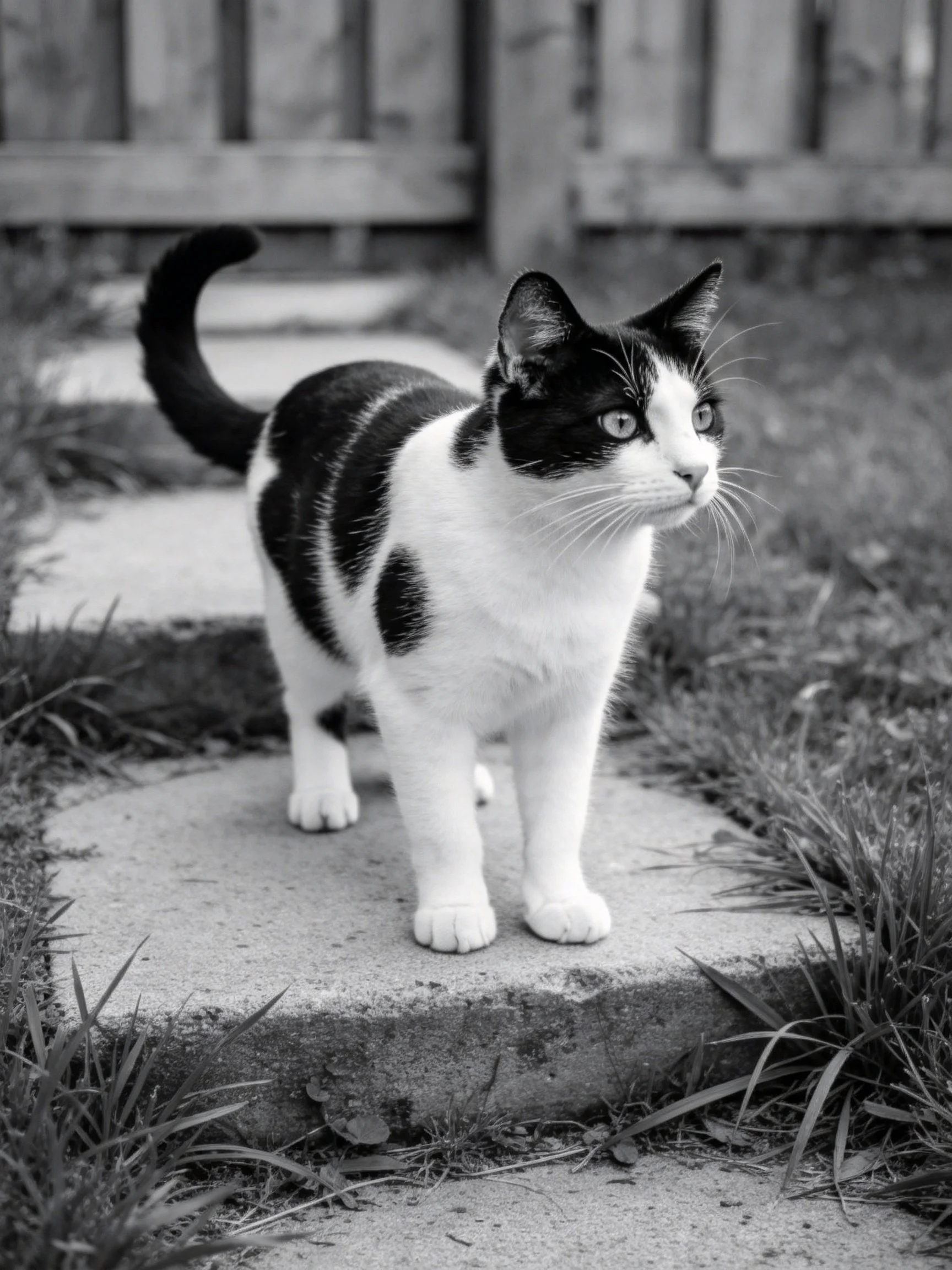 A black - and - white cat stands on stone steps near a wooden fence