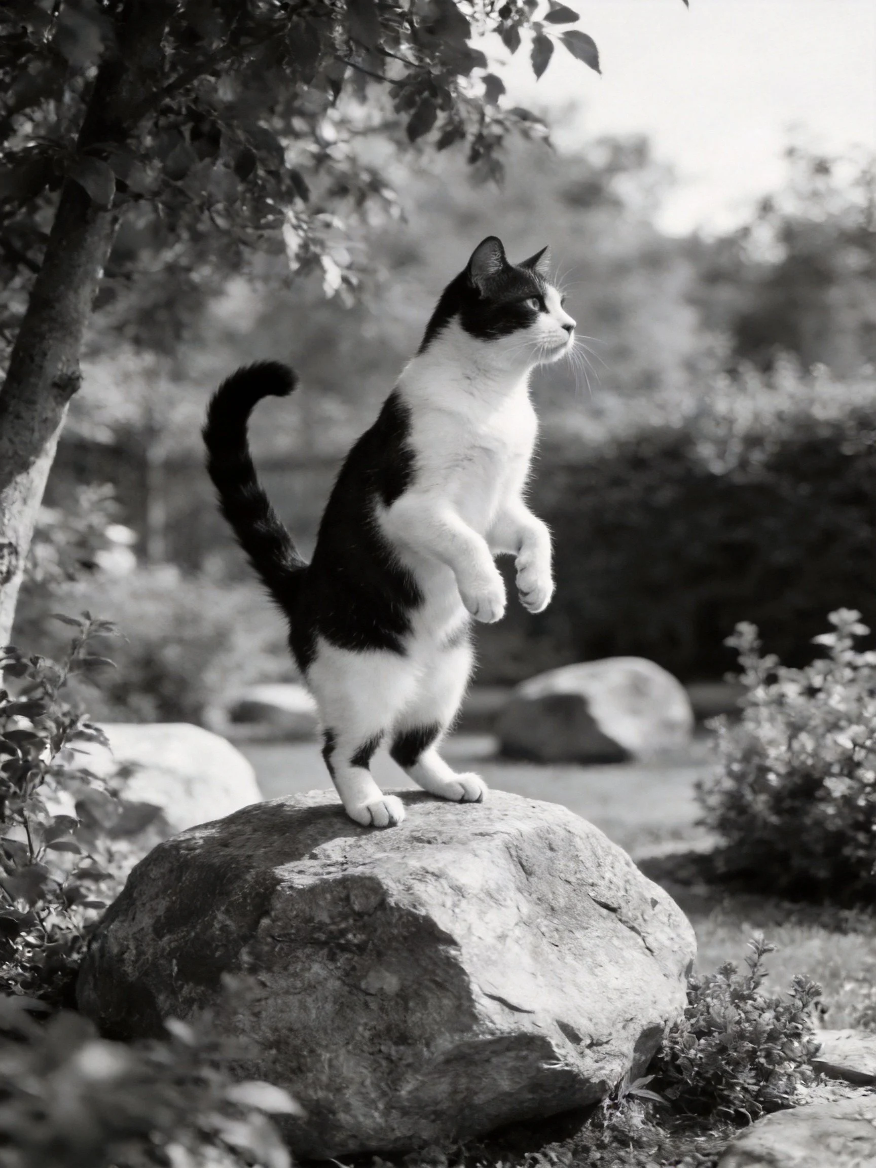 A black - and - white cat stands upright on a large rock in a garden