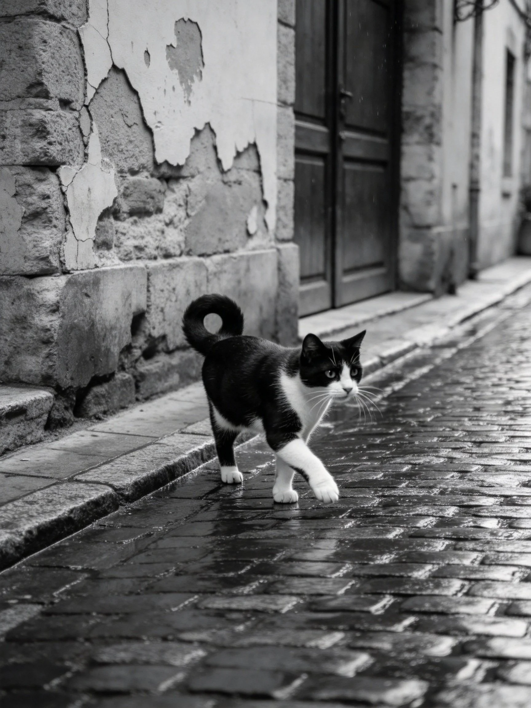A black - and - white cat walking along a weathered cobblestone street