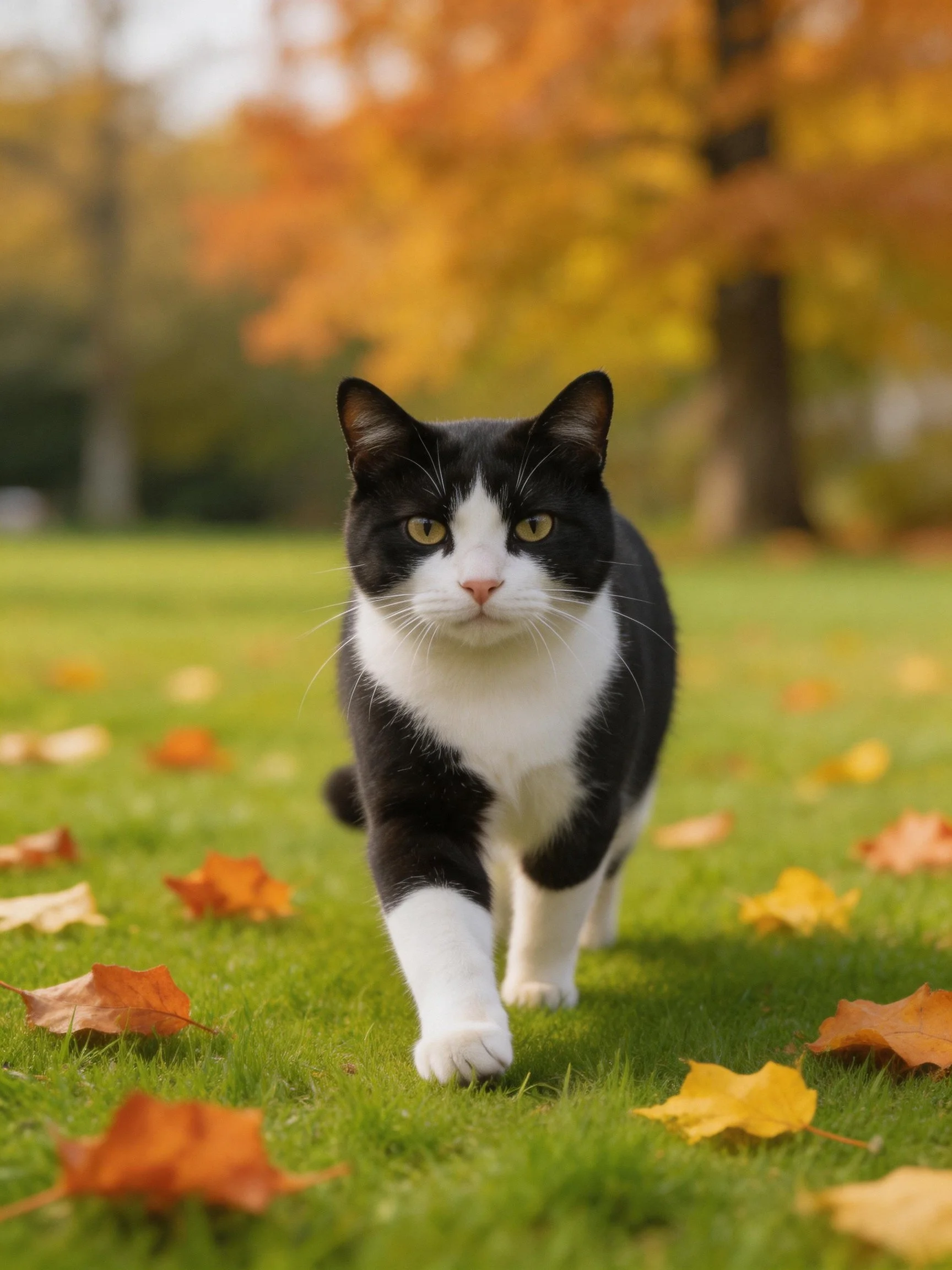 A black - and - white cat walking amid autumn leaves on green grass