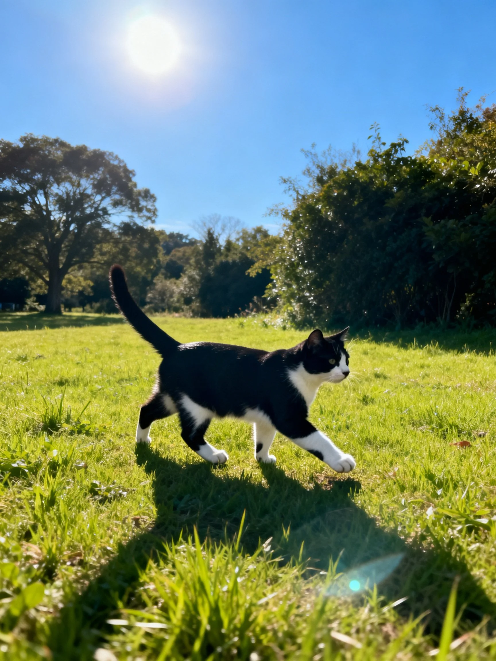 A black and white cat walking on lush green grass under bright sunlight