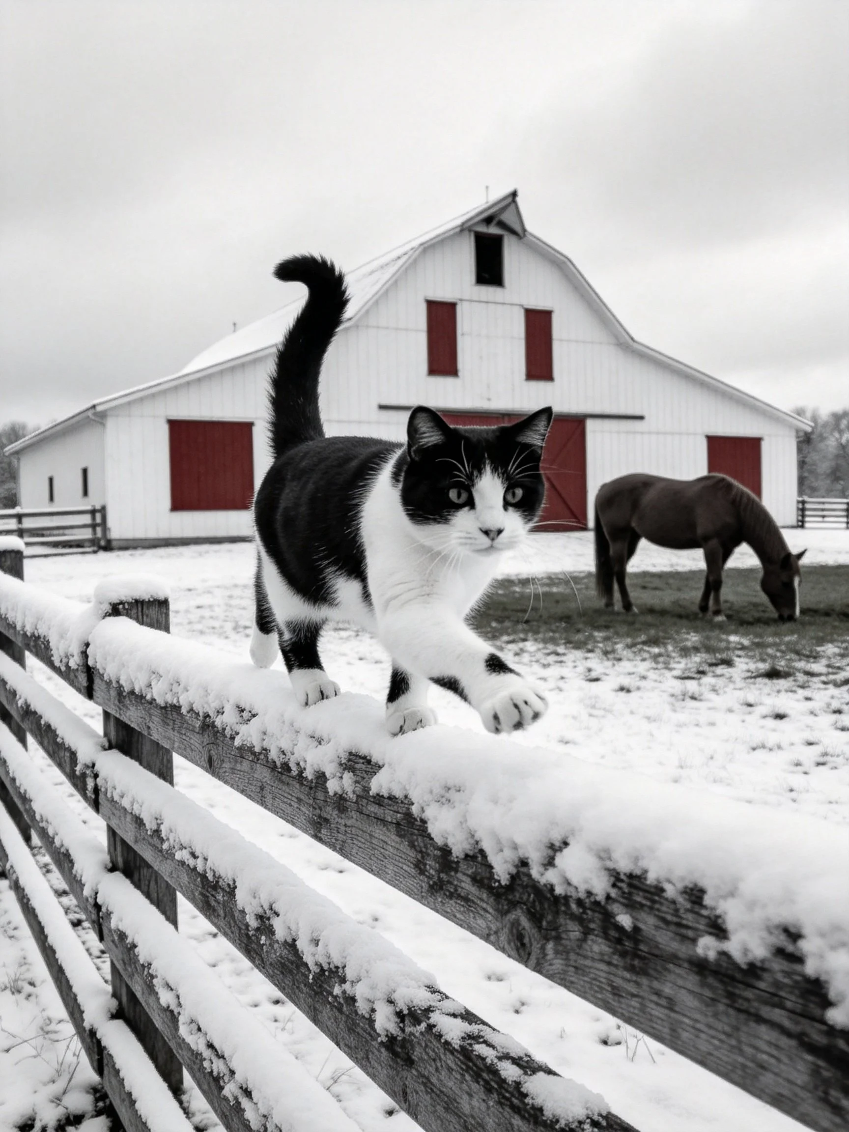 A black and white cat walks along a snow - covered wooden fence near a white barn