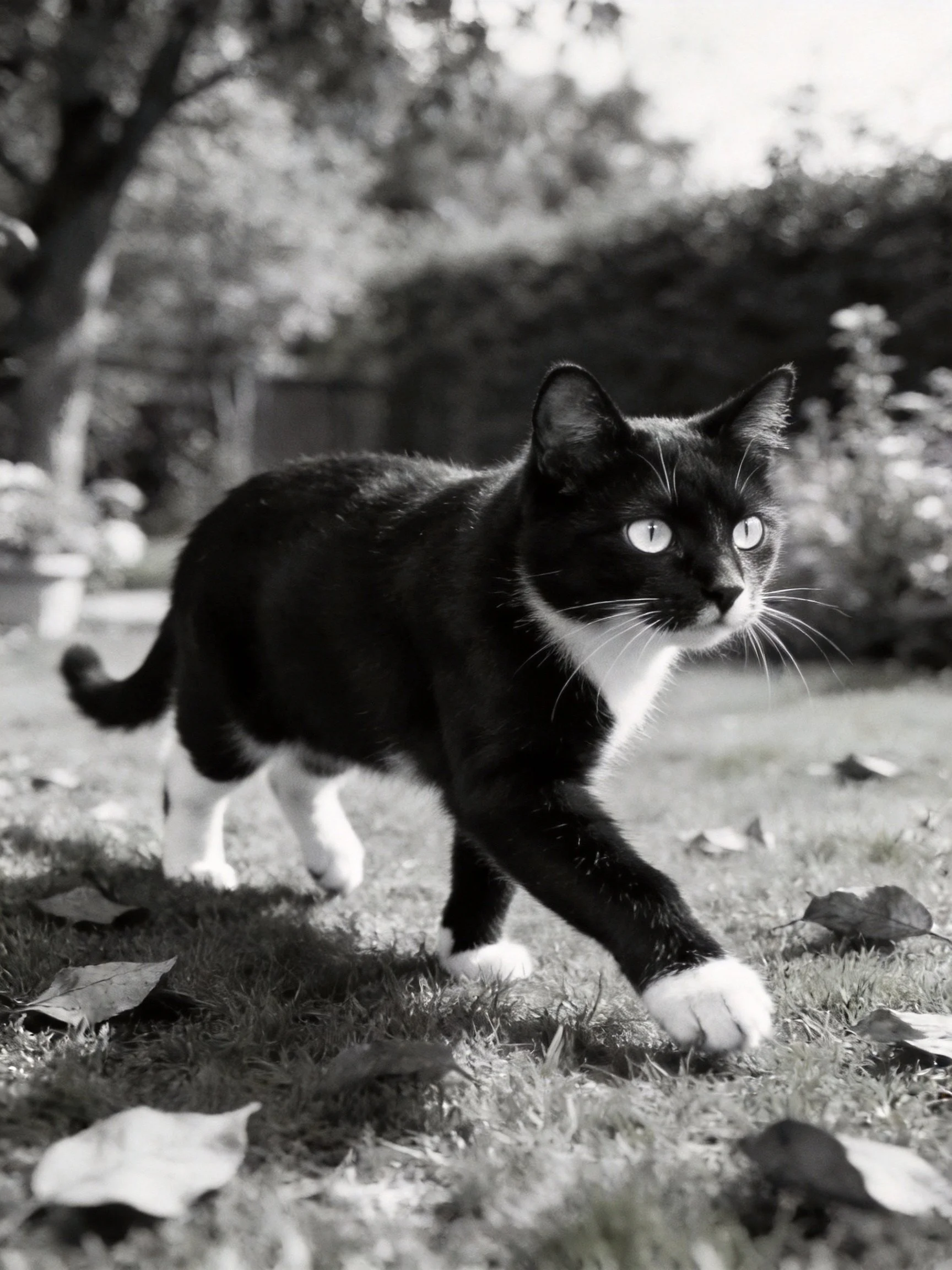 A black and white cat walks on a leaf-strewn lawn