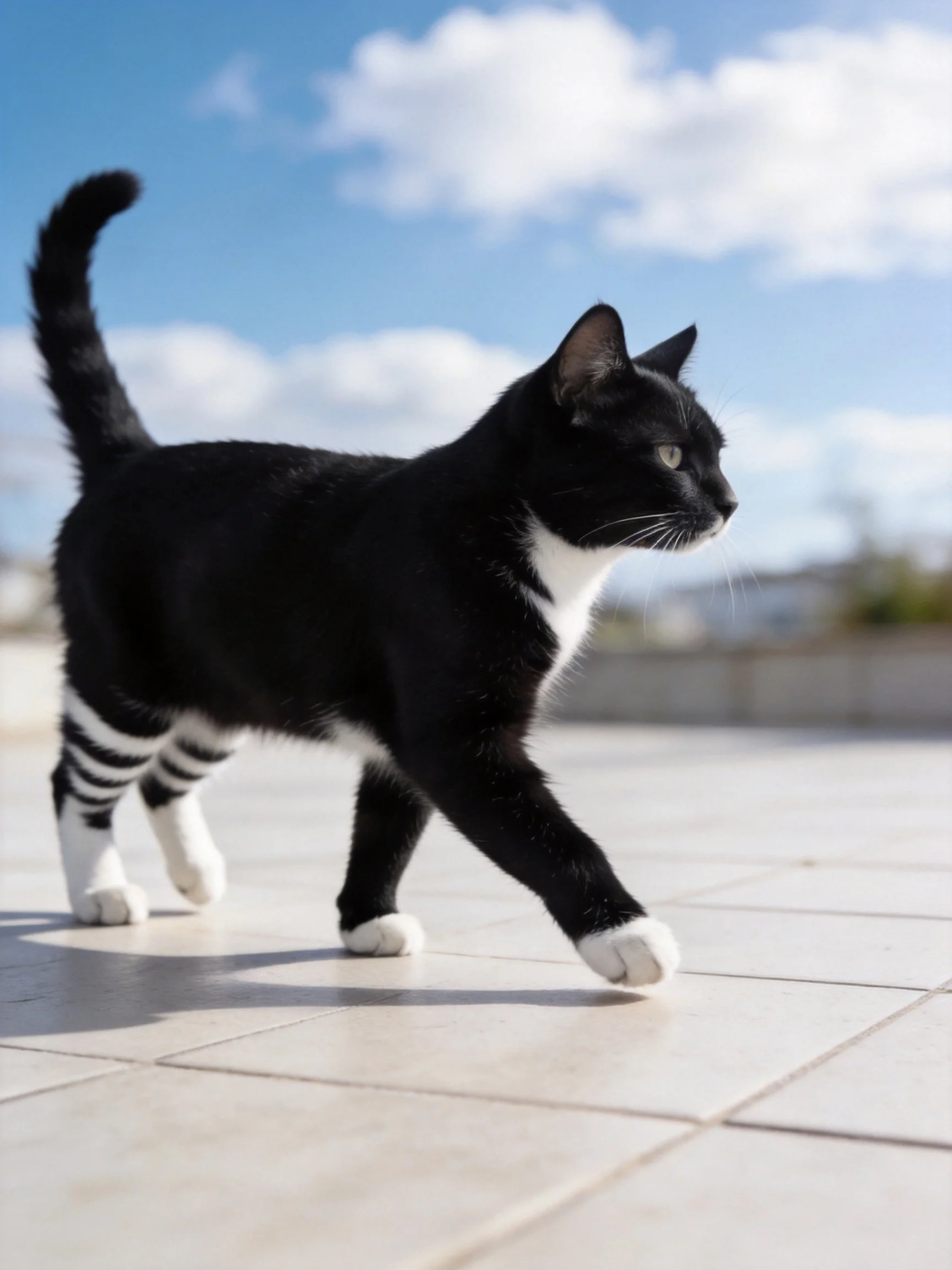 A black and white cat walks on tiled pavement under a bright blue sky