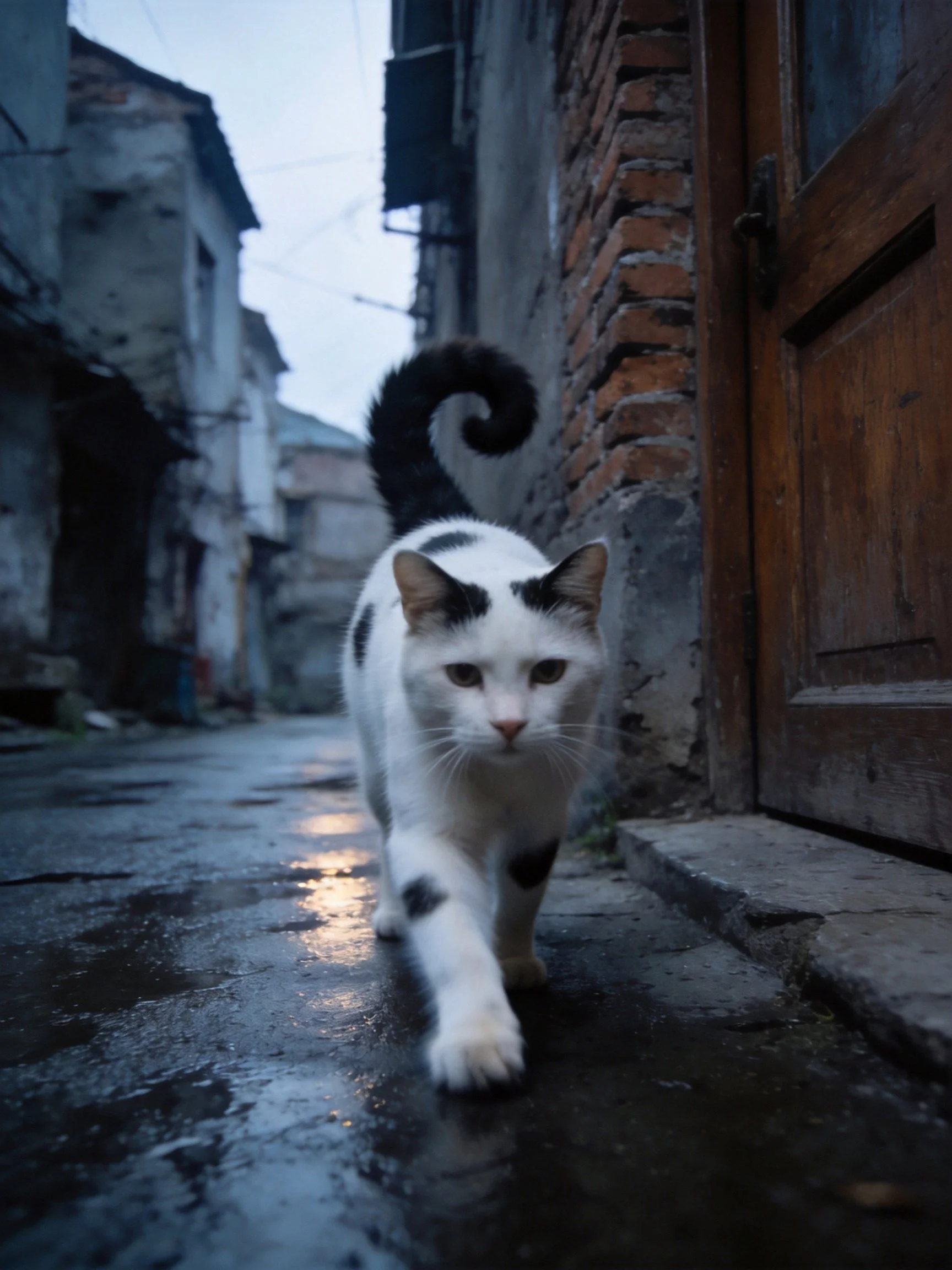 A black - and - white cat walks through a damp alley with old brick buildings