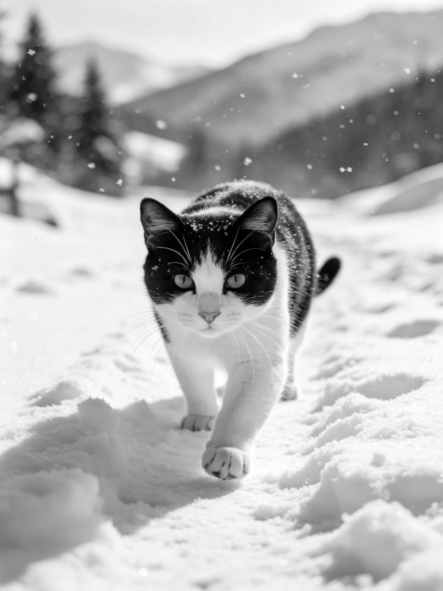A black - and - white cat walks through a snowy mountain landscape