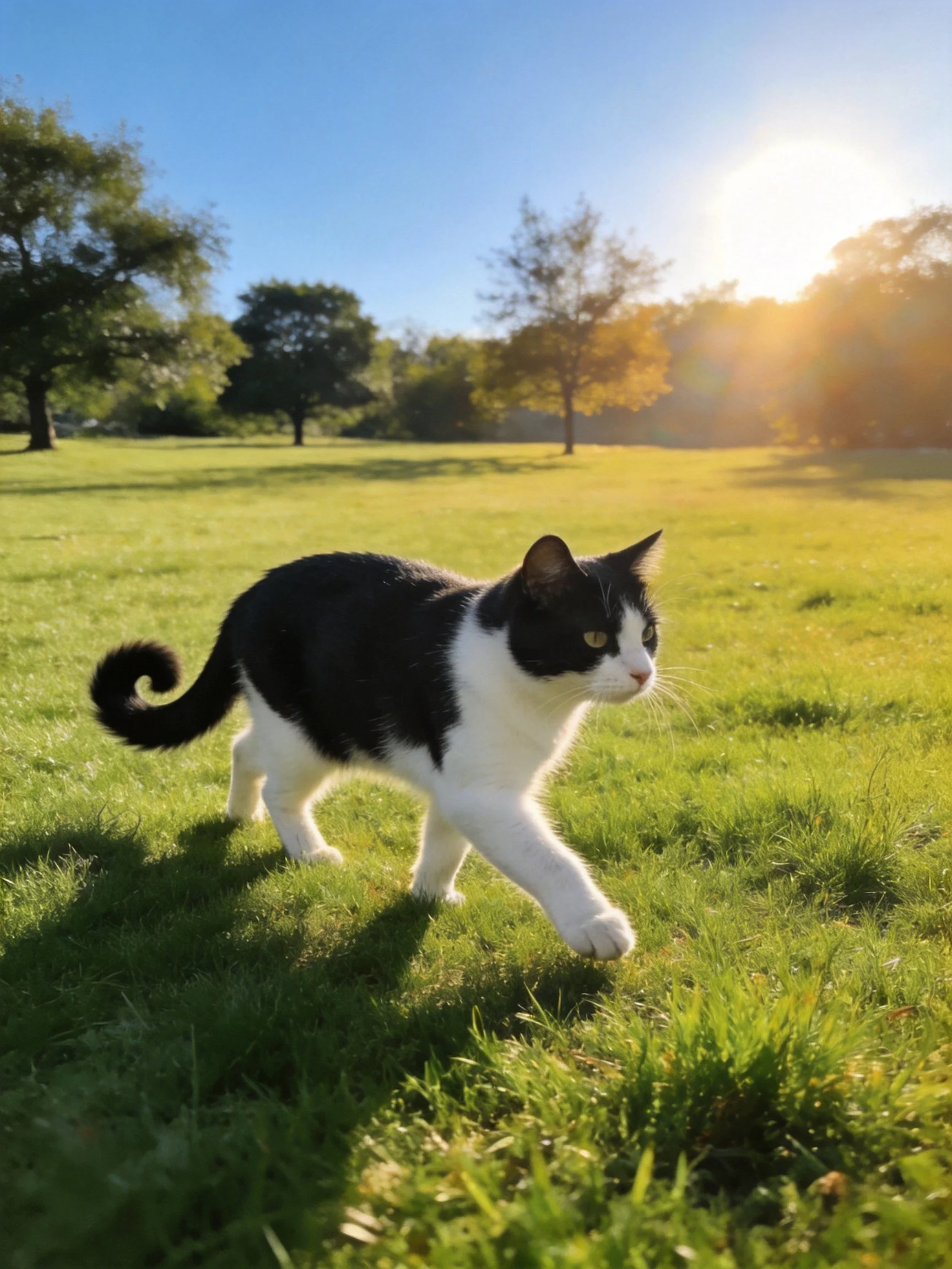 A black - and - white cat walks through sunlit grassy fields near trees
