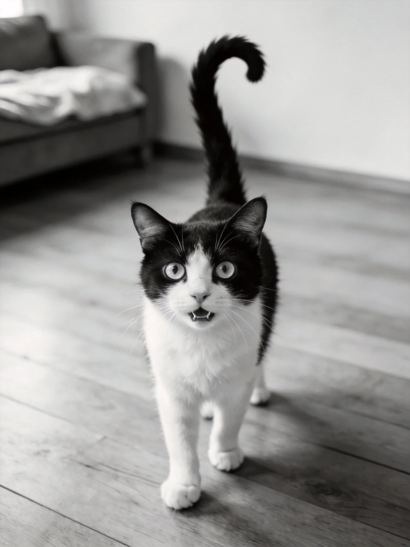A black - and - white cat walks toward the camera on a wooden floor