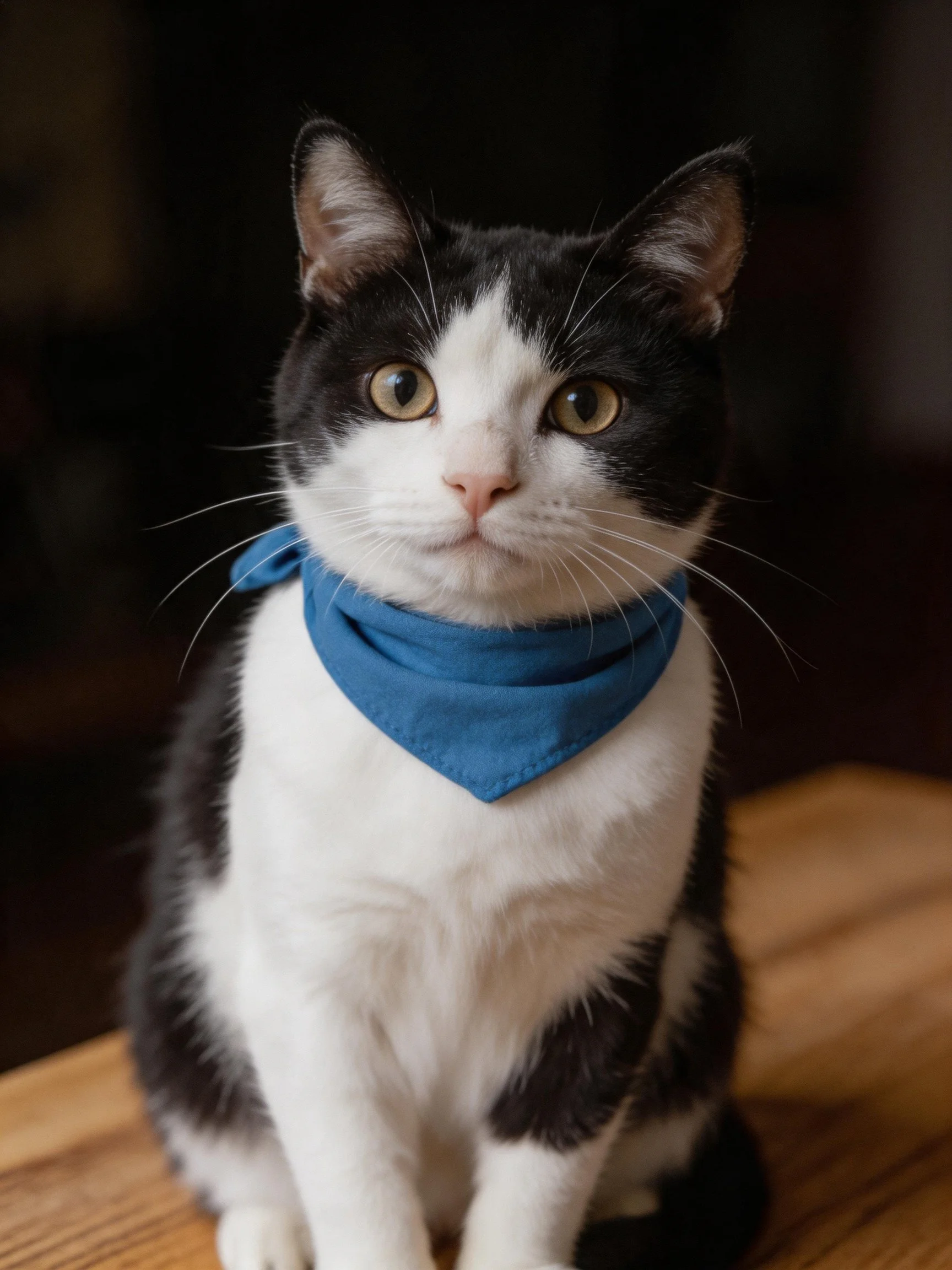 A black and white cat wearing a blue triangular bandana