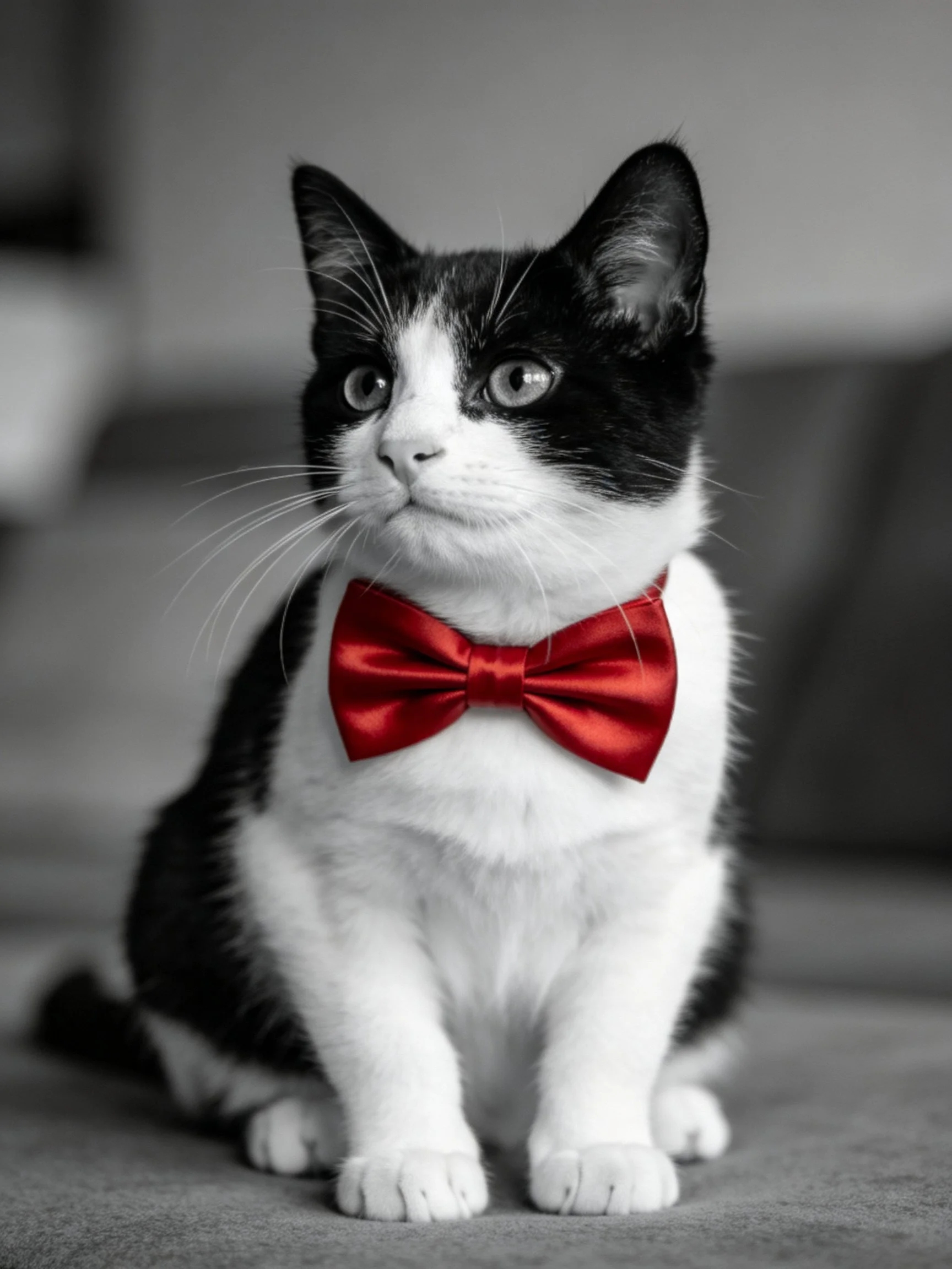 A black - and- white cat wearing a bright red bow tie