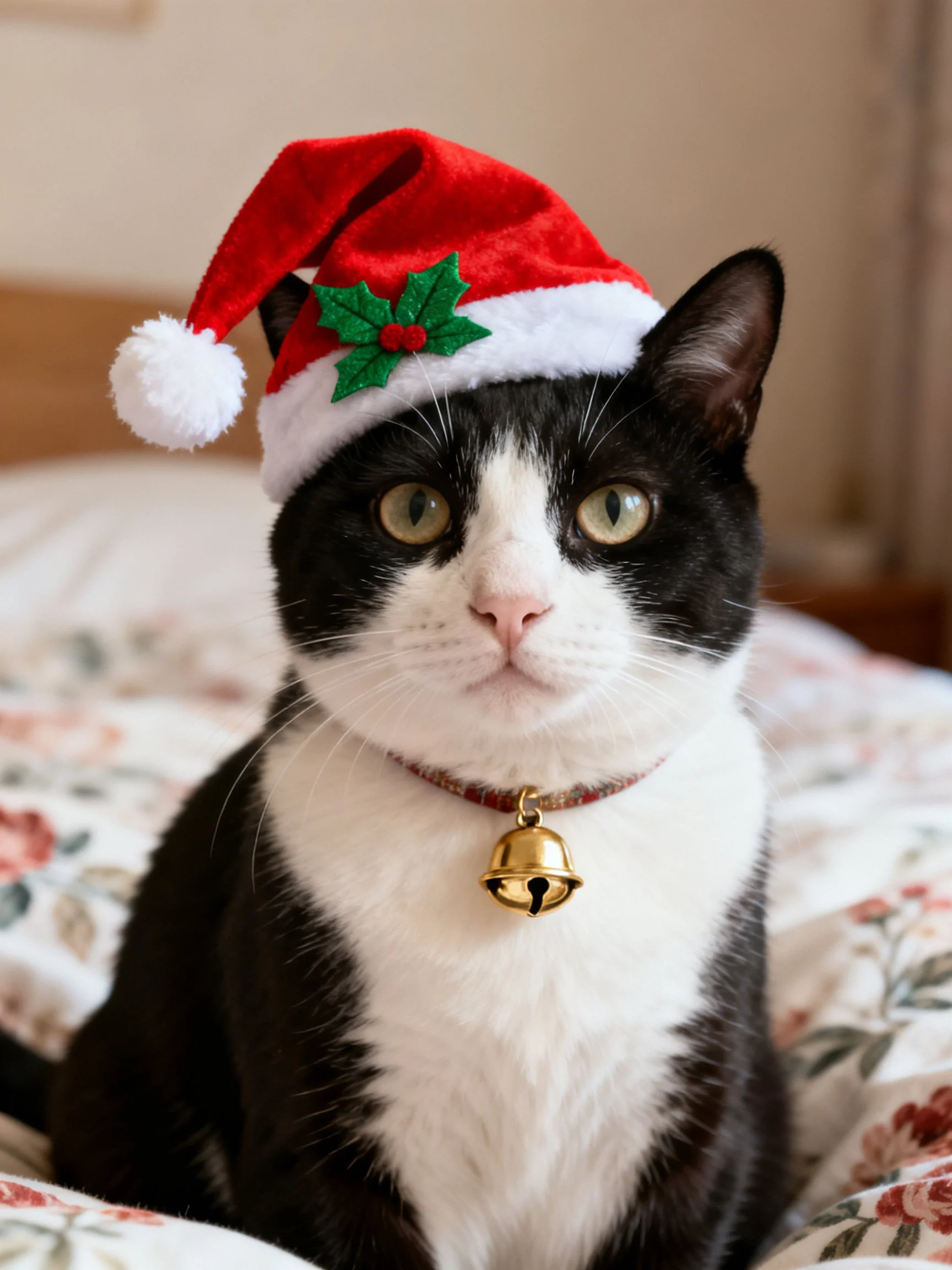 A black and white cat wearing a red Santa hat with holly